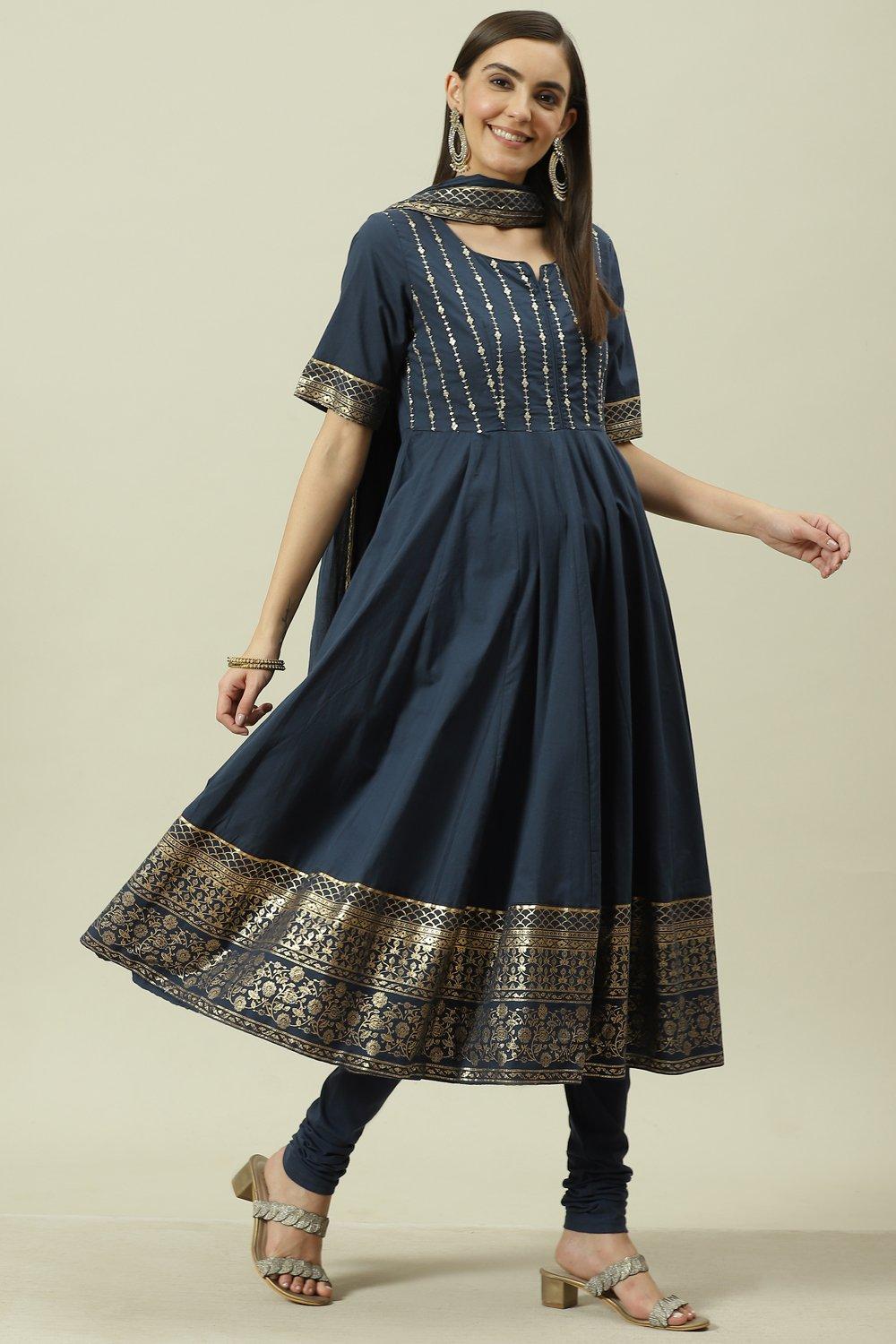 Navy Blue Embroidred Cotton Anarkali Suit Set image number 5