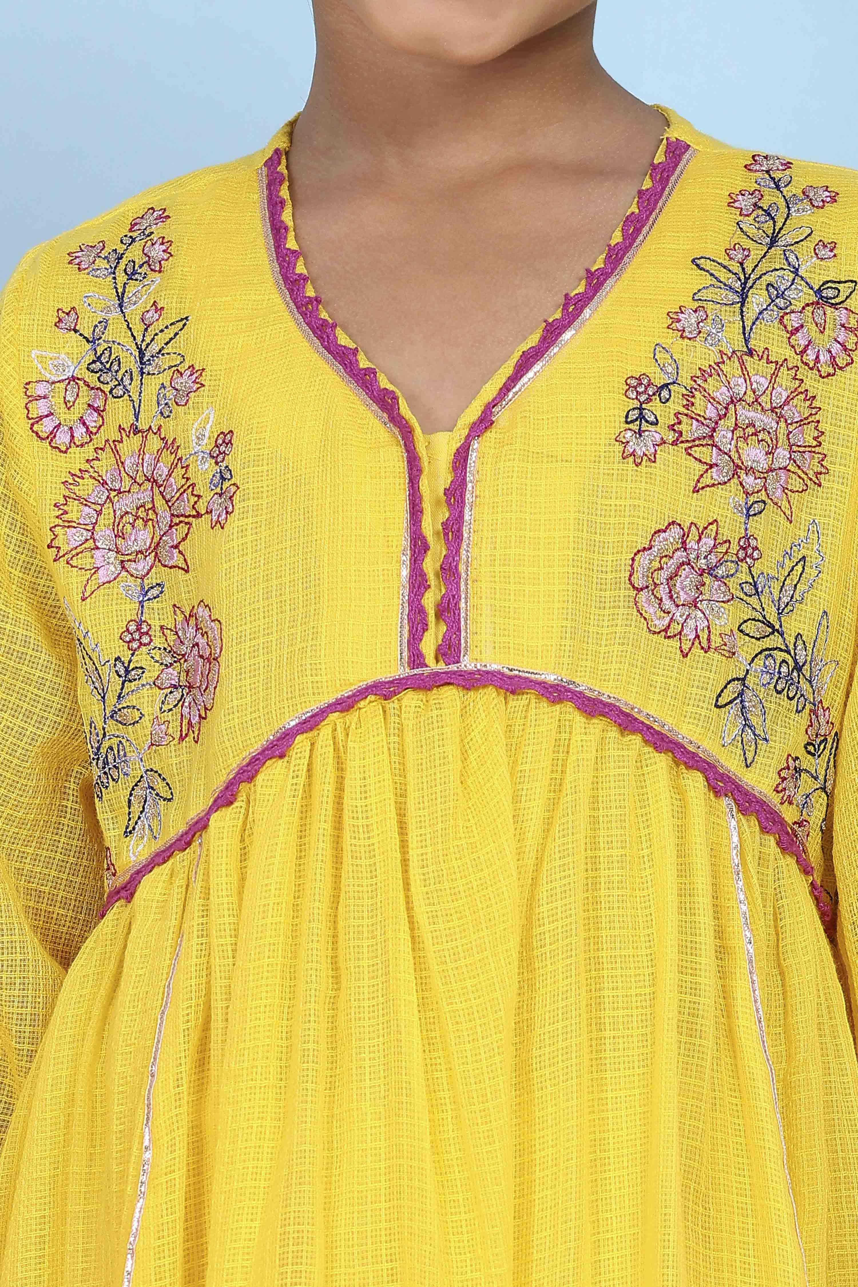 Yellow Cotton Embroidered Kalidar Suit Set image number 1