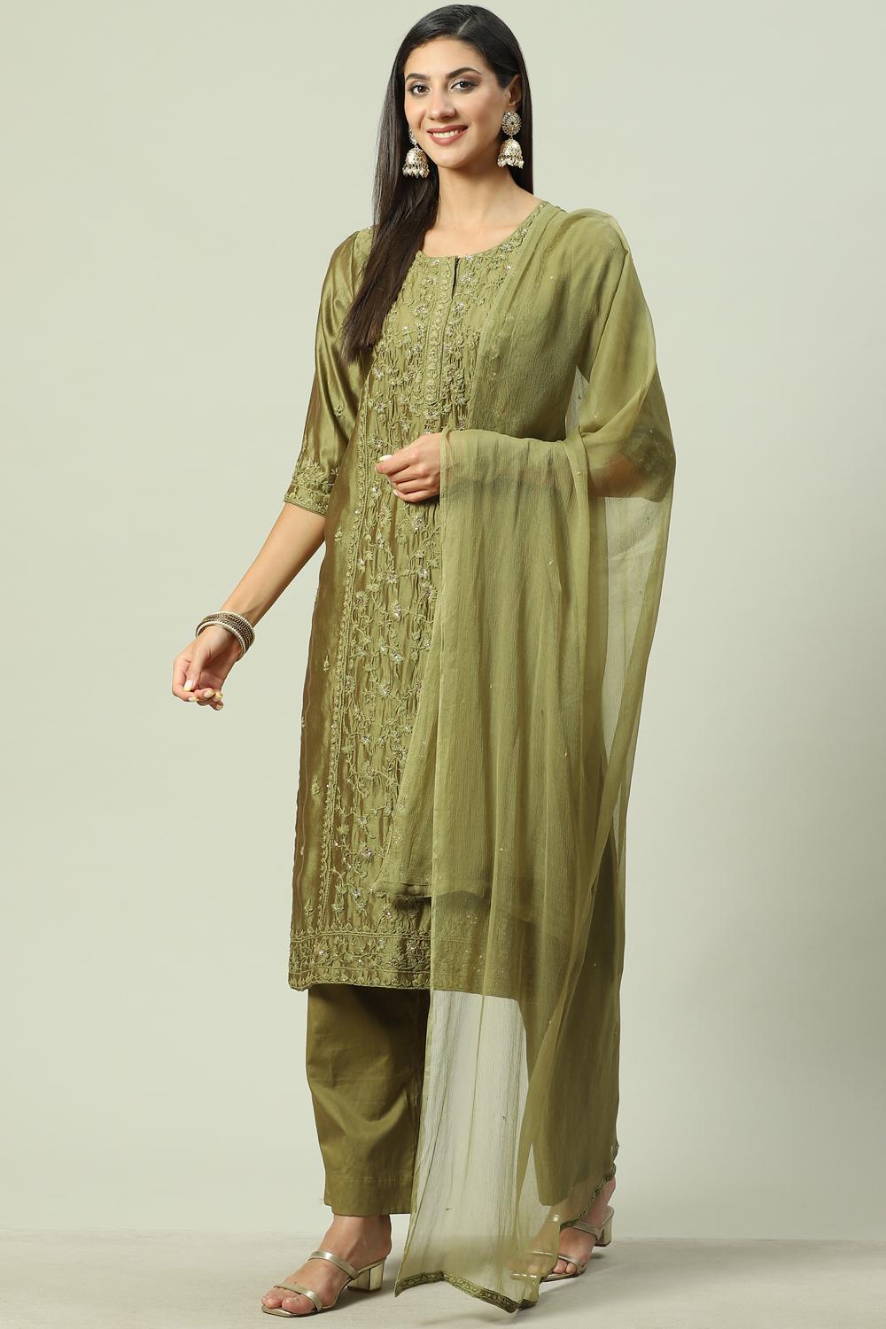 Mehandi Viscose Blend Straight Suit set image number 0