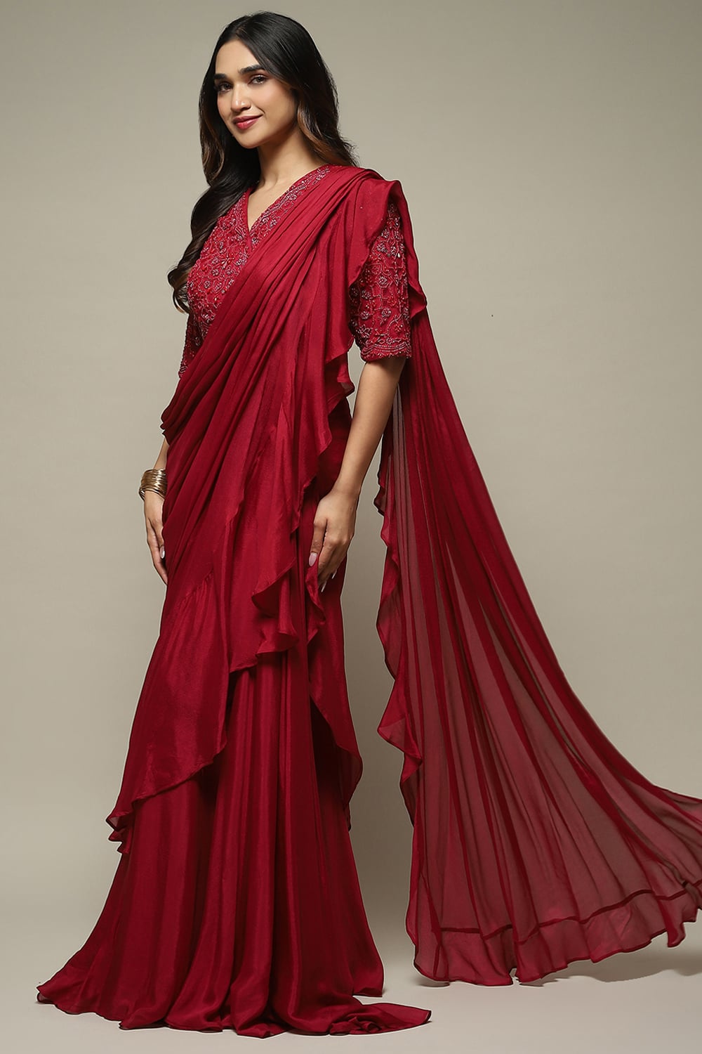 Dusty Pink Pre-Draped Nylon Saree With A Stitched Blouse image number 3