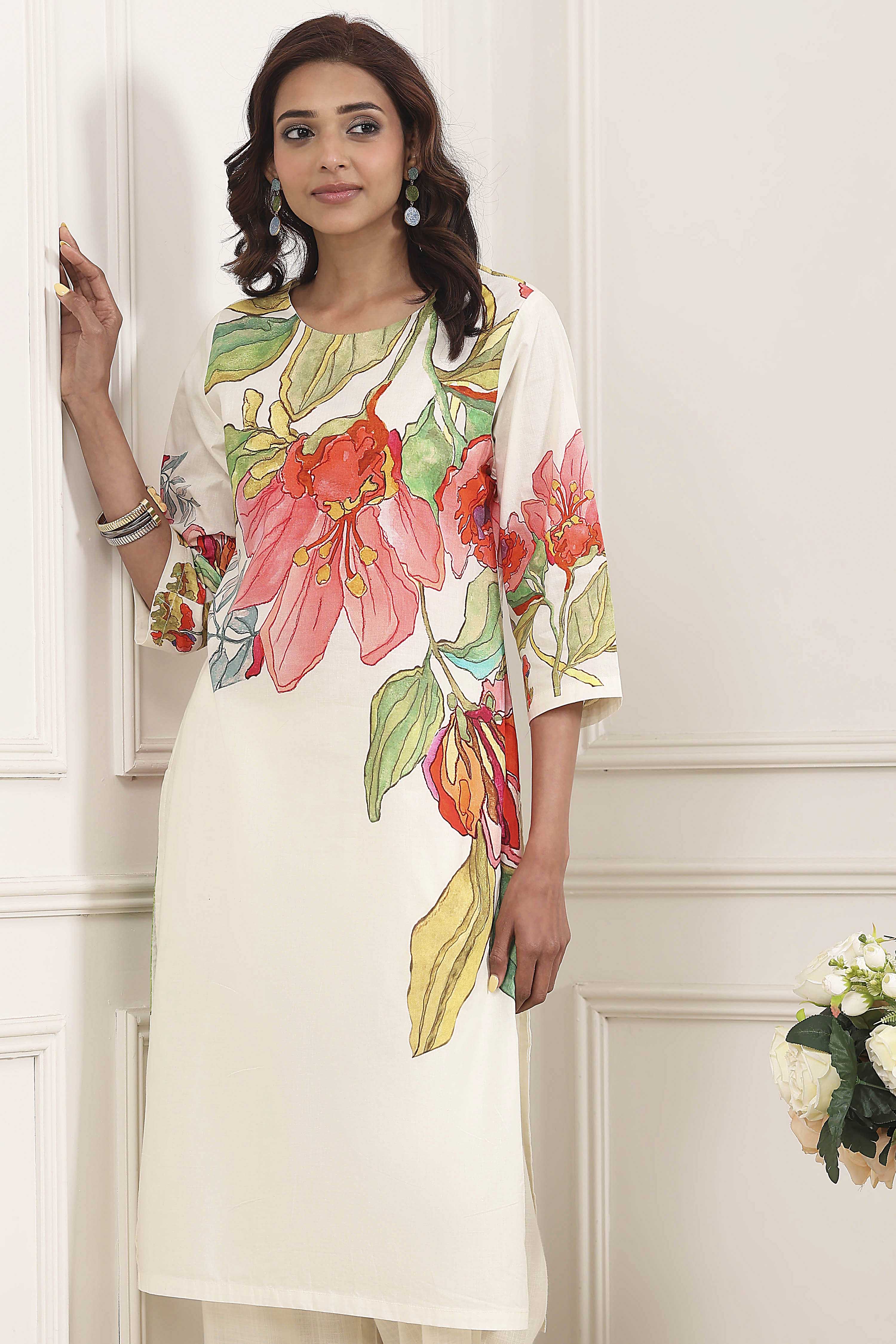 Beige Cotton Floral Printed Straight Kurta Set image number 7