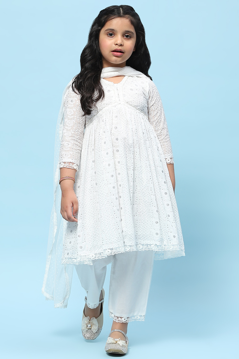 White Cotton Viscose Khadi Print Gathered Suit Set image number 7