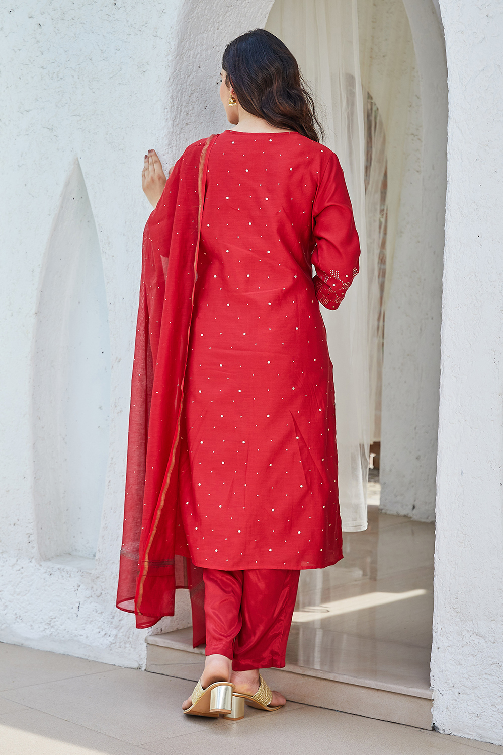 Pink Yard-Dyed Chanderi Kurta & Pants Suit Set image number 4