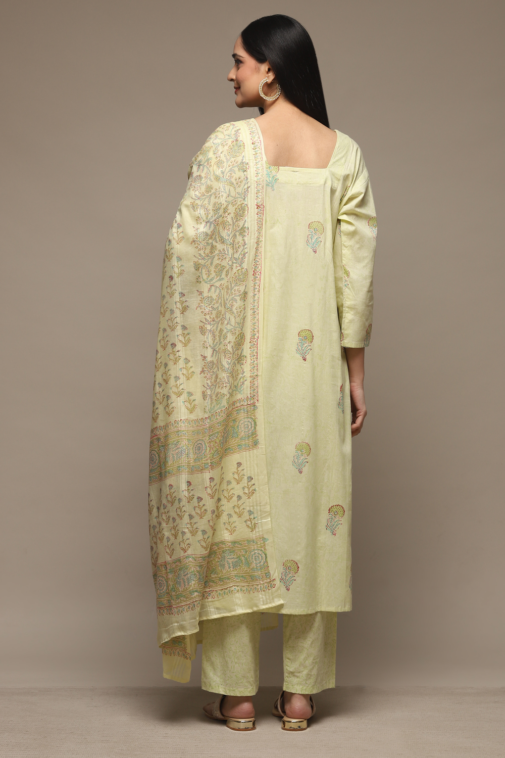 Green Cotton Hand Block Print Unstitched Suit Set image number 6