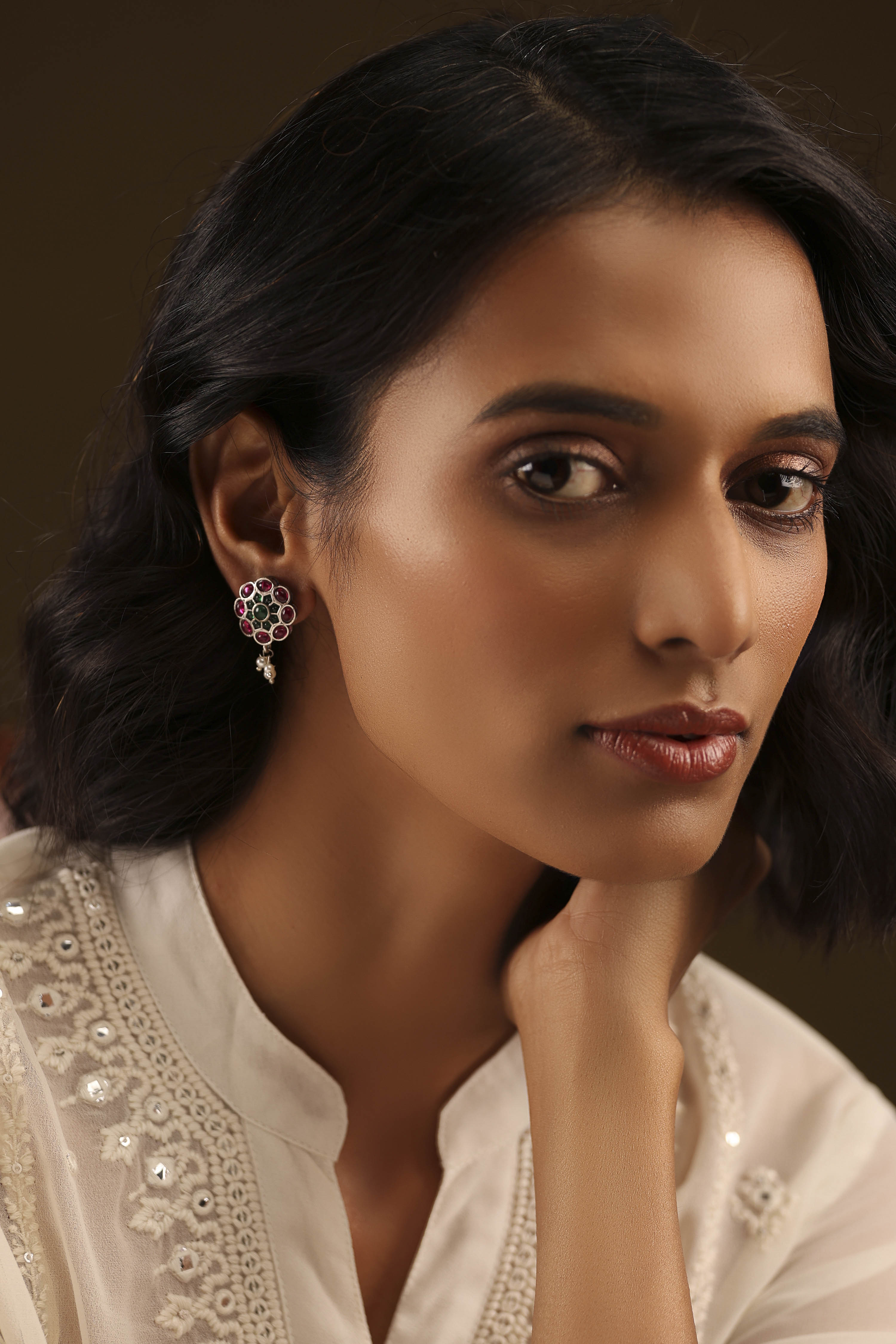 Green Pink Stone Embellished Earrings image number 3