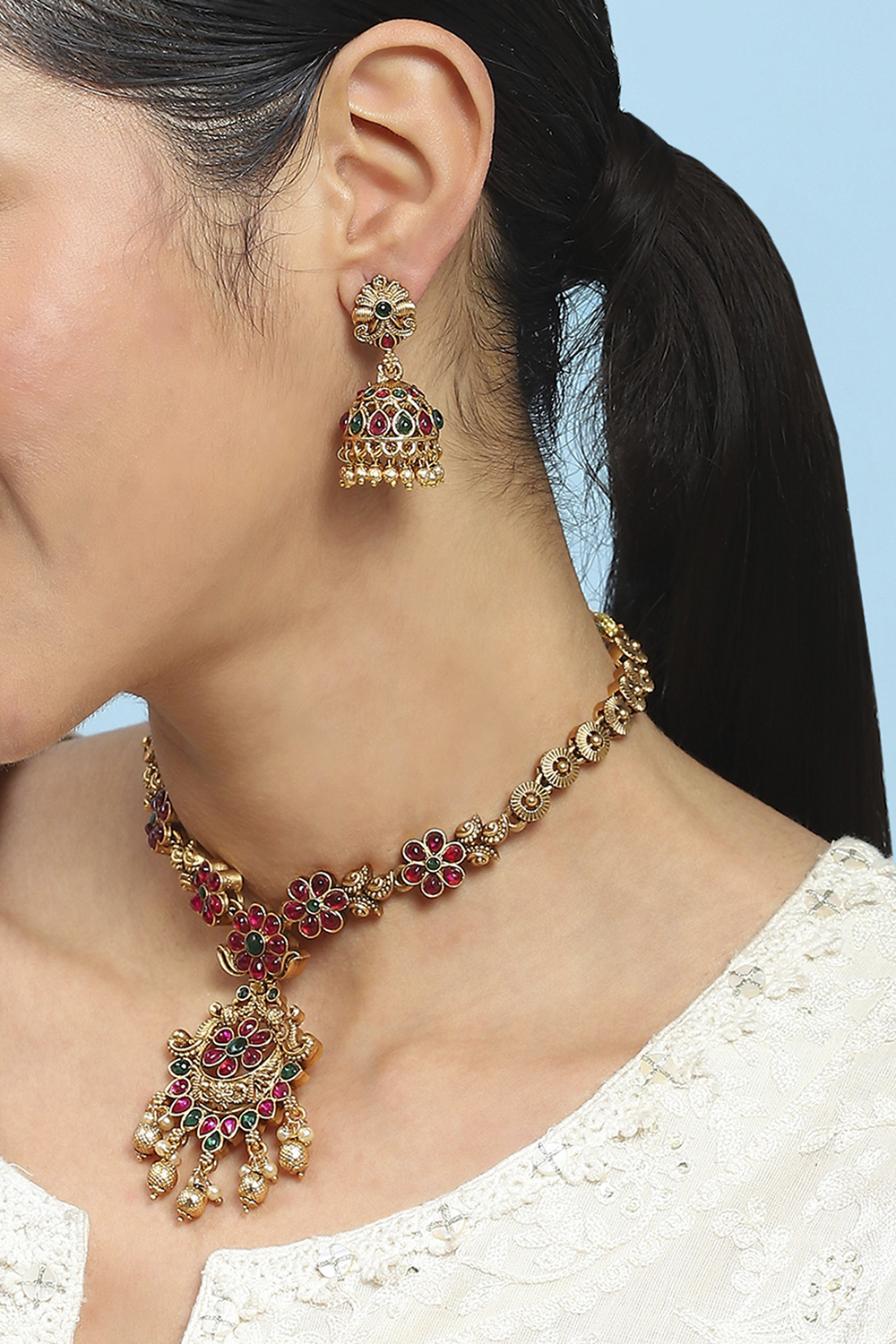 Red Green Stone Necklace Set image number 1
