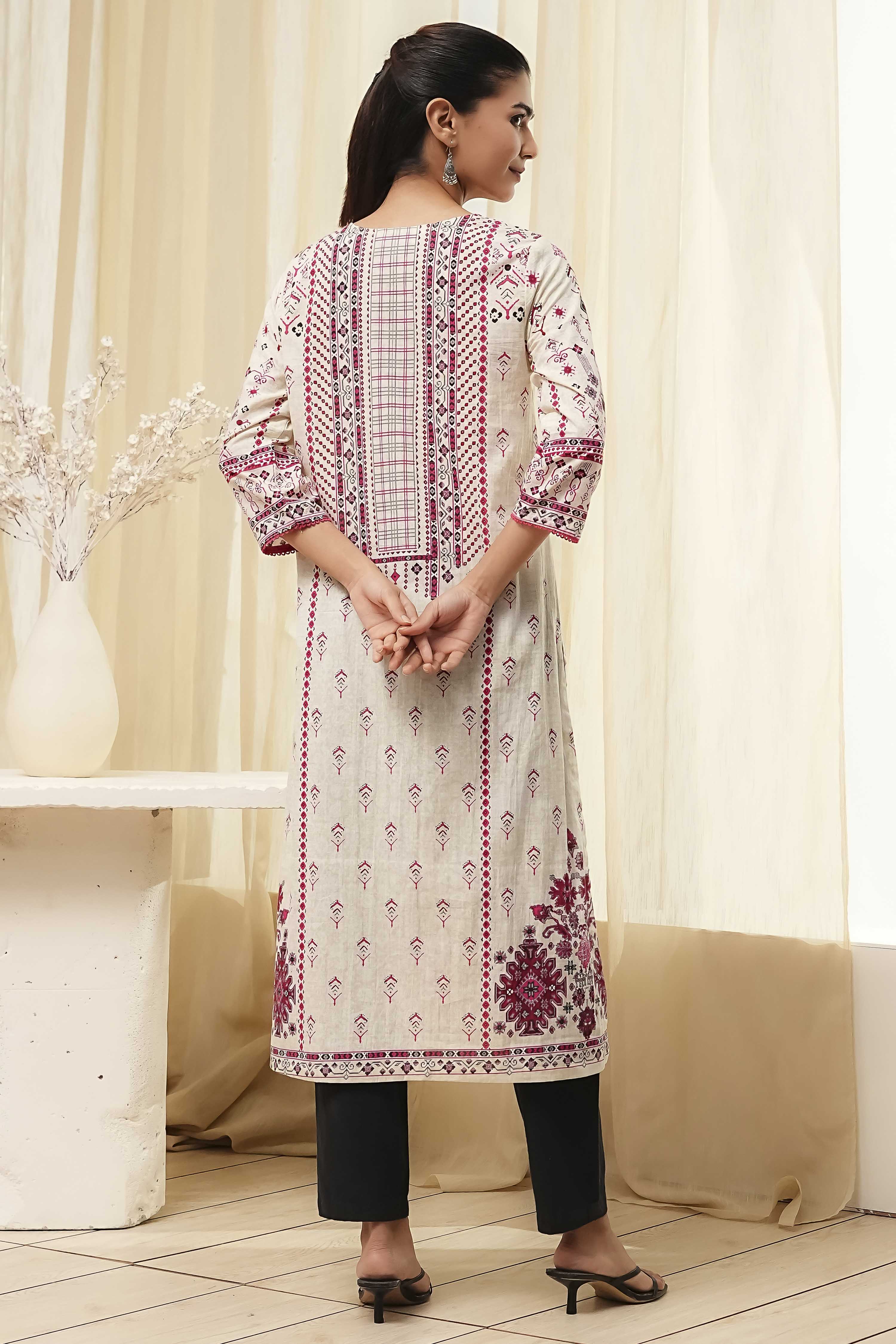 Off-White and Blue Cotton Straight Kurta image number 3