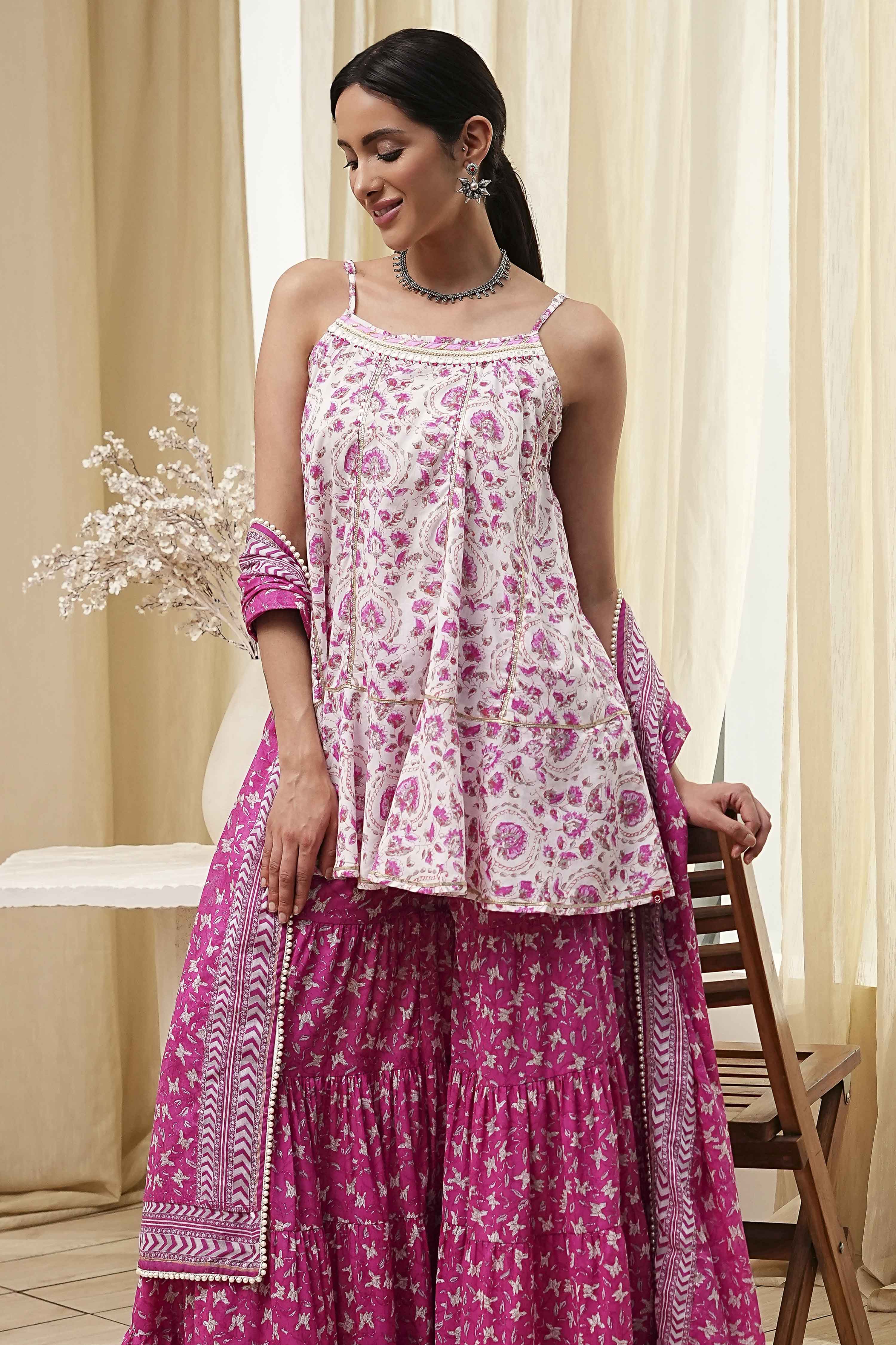 White and Blue Cotton Floral Flared Suit Set image number 0