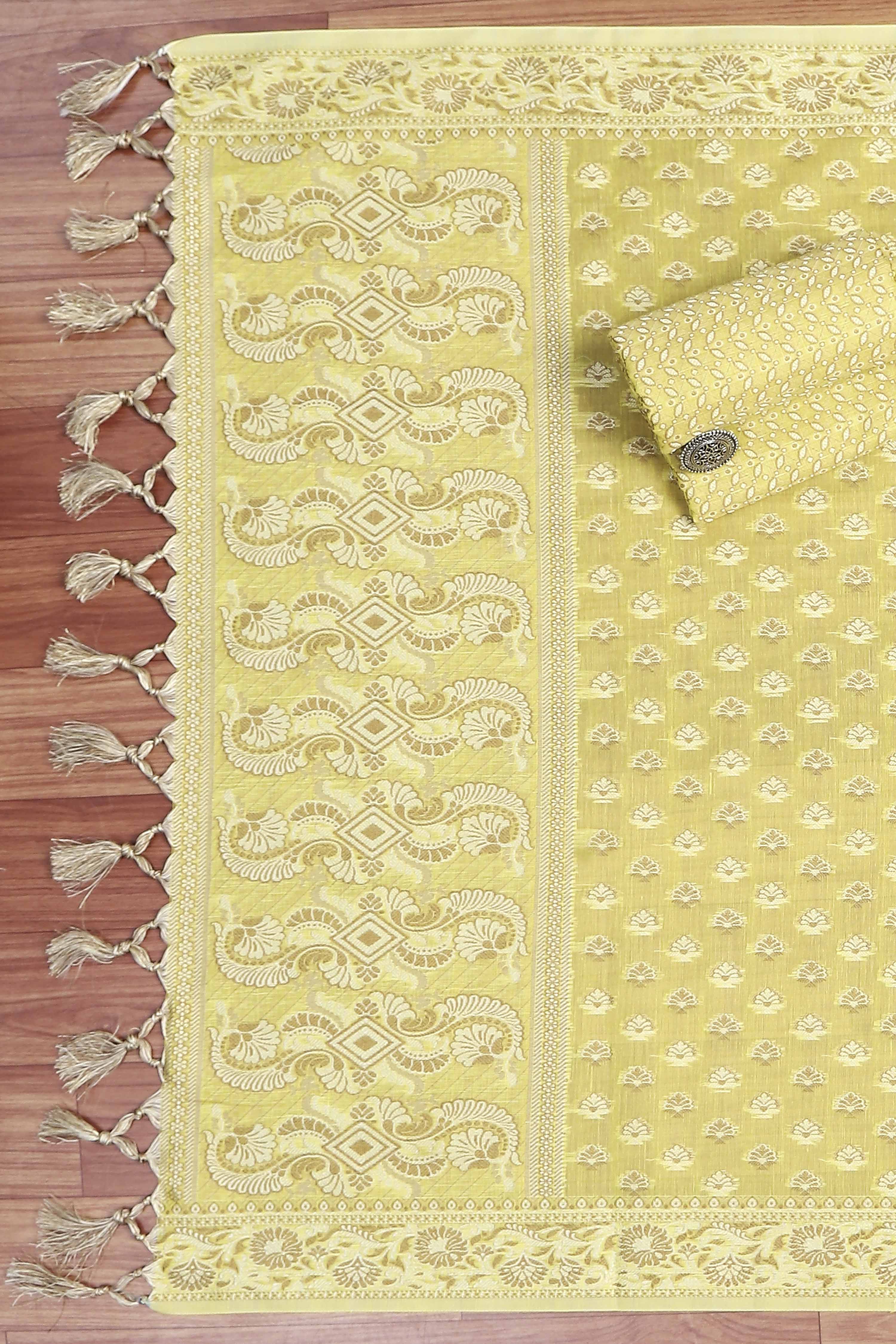 Mustard Poly Cotton Banarasi Unstitched Suit Set image number 3