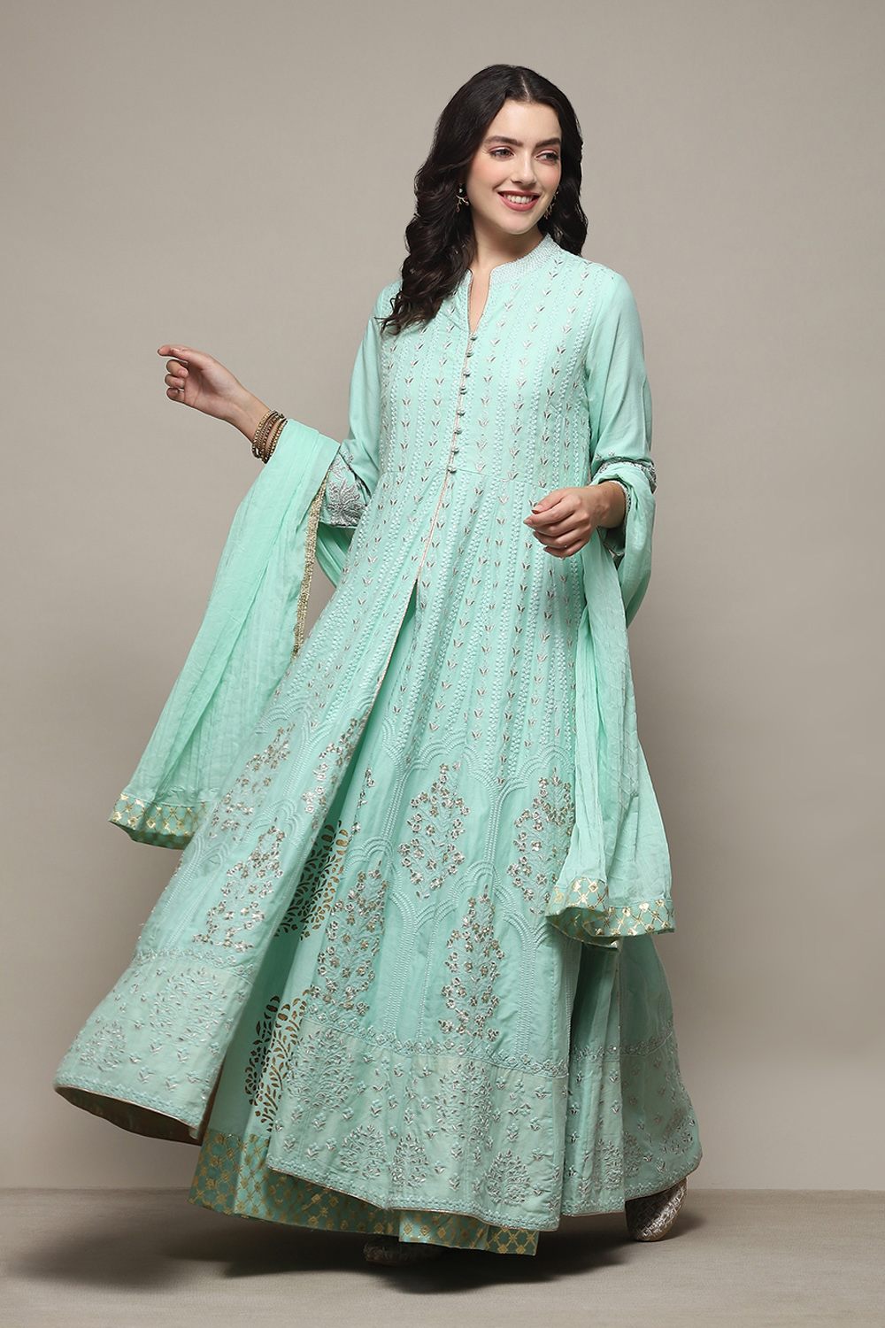 Aqua Blue Cotton Anarkali Kurta Lehenga Set image number 4