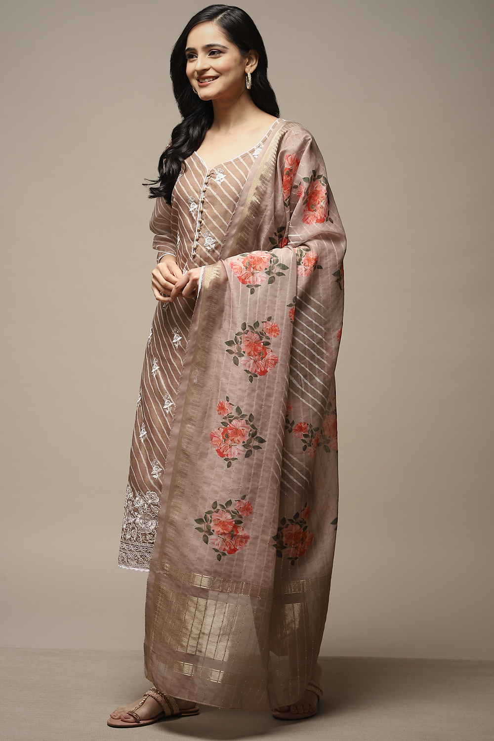 Brown Cotton Digital Print Unstitched Suit Set image number 4
