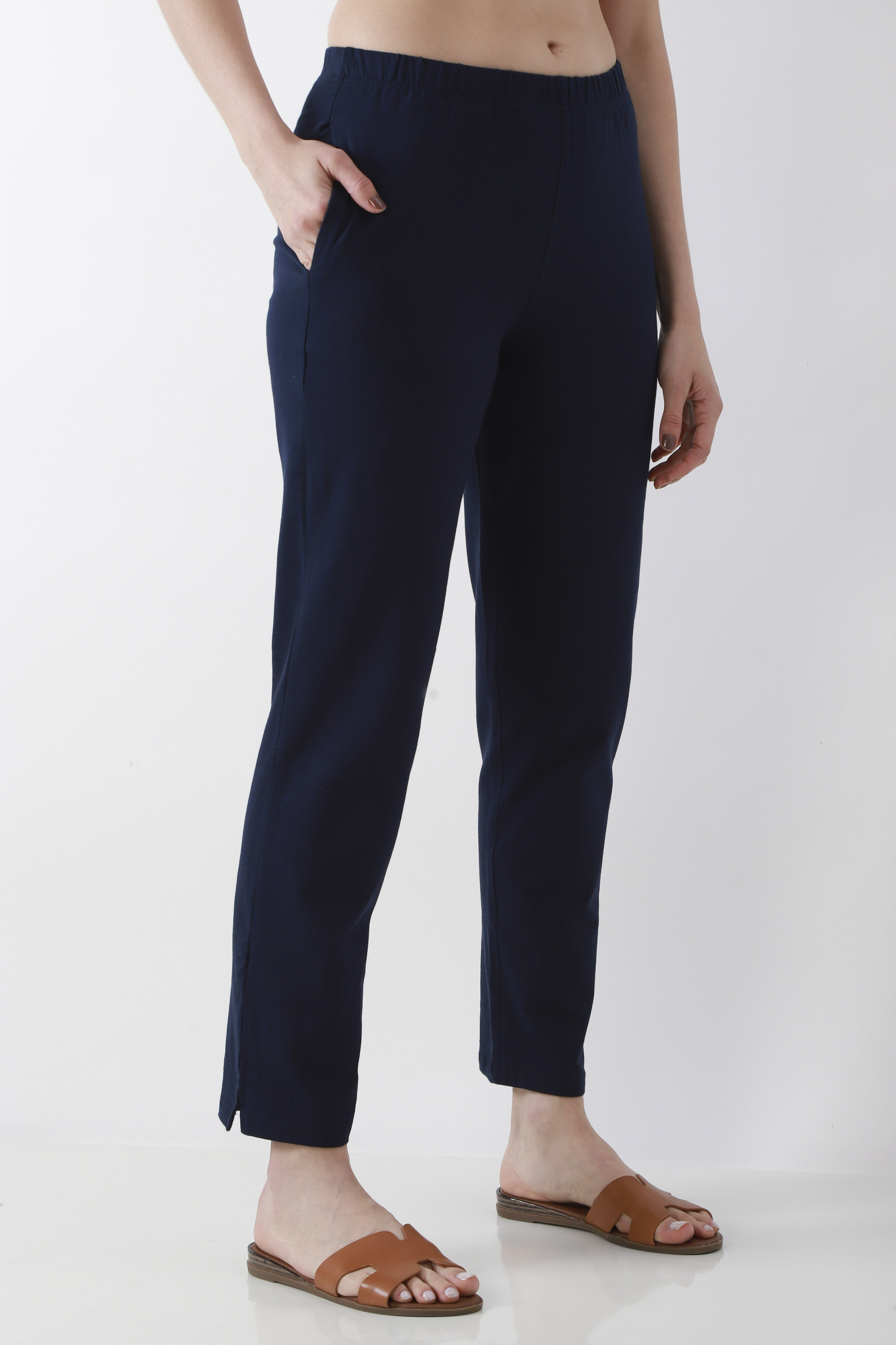 Navy Blue Solid Cotton Lycra Straight Pants image number 3
