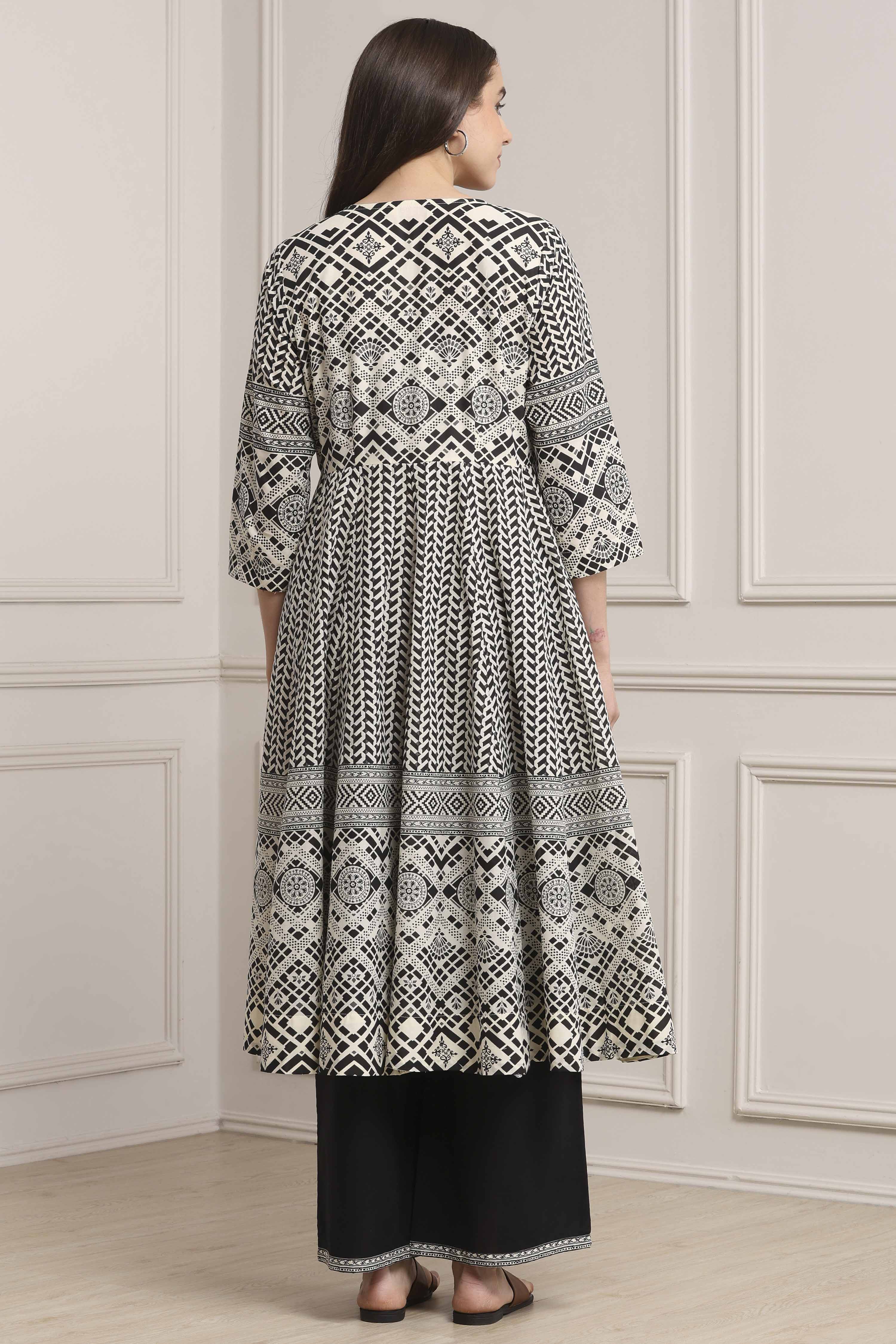 White and Black Cotton Printed Anarkali Fusion Set image number 2