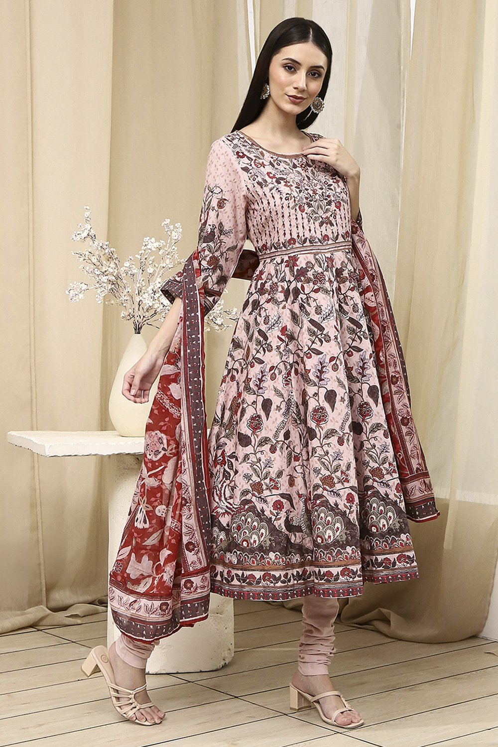 Beige Cotton Printed Anarkali Suit Set image number 5