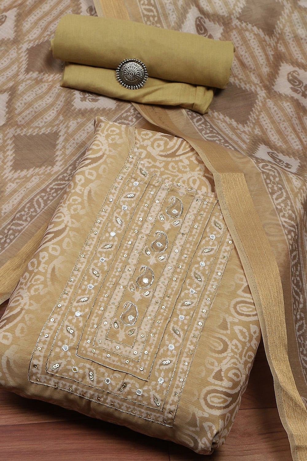 Yellow Chanderi Digital Print Unstitched Suit Set image number 0