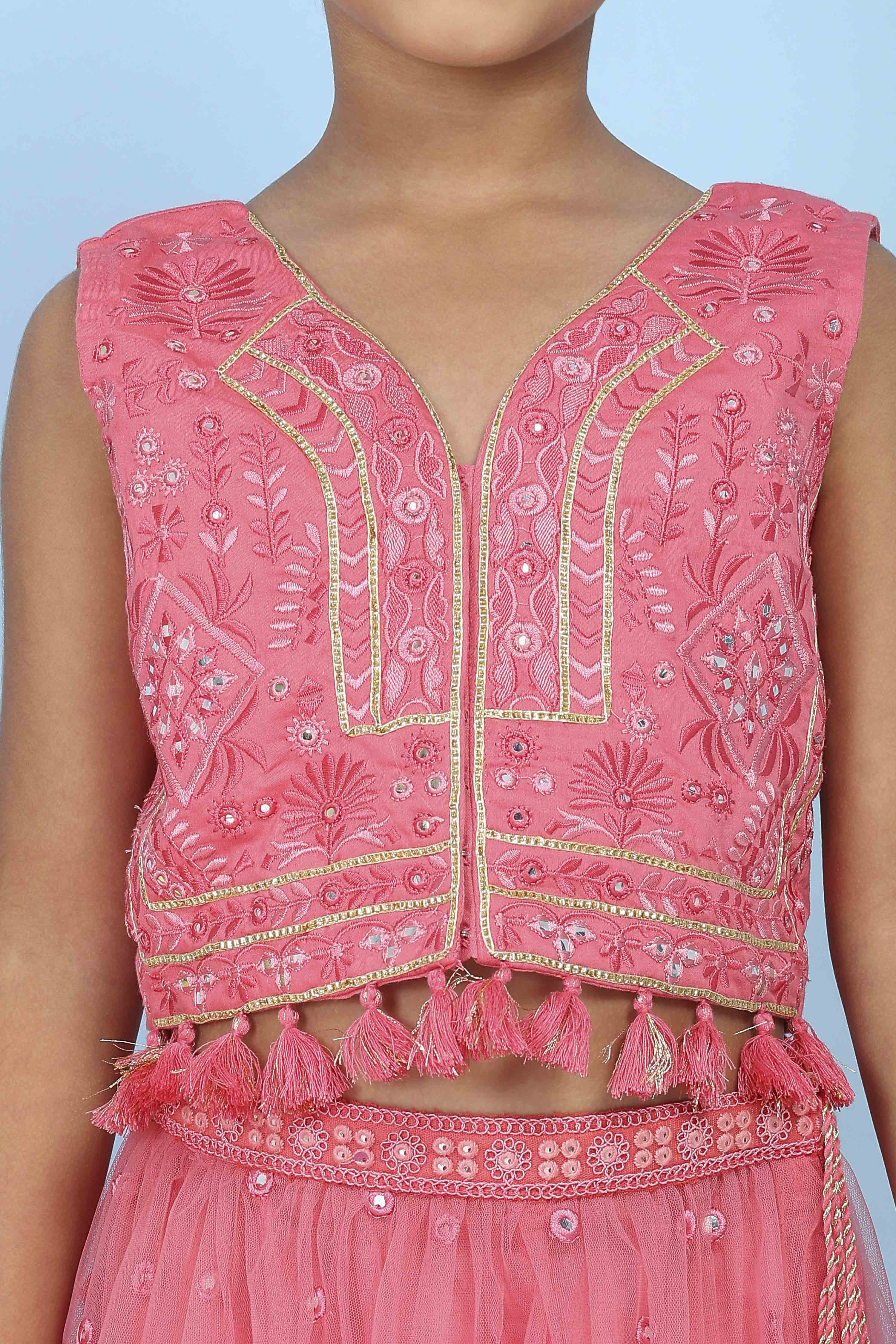Pink Cotton Mirror Work Embroidered Lehenga Set image number 1