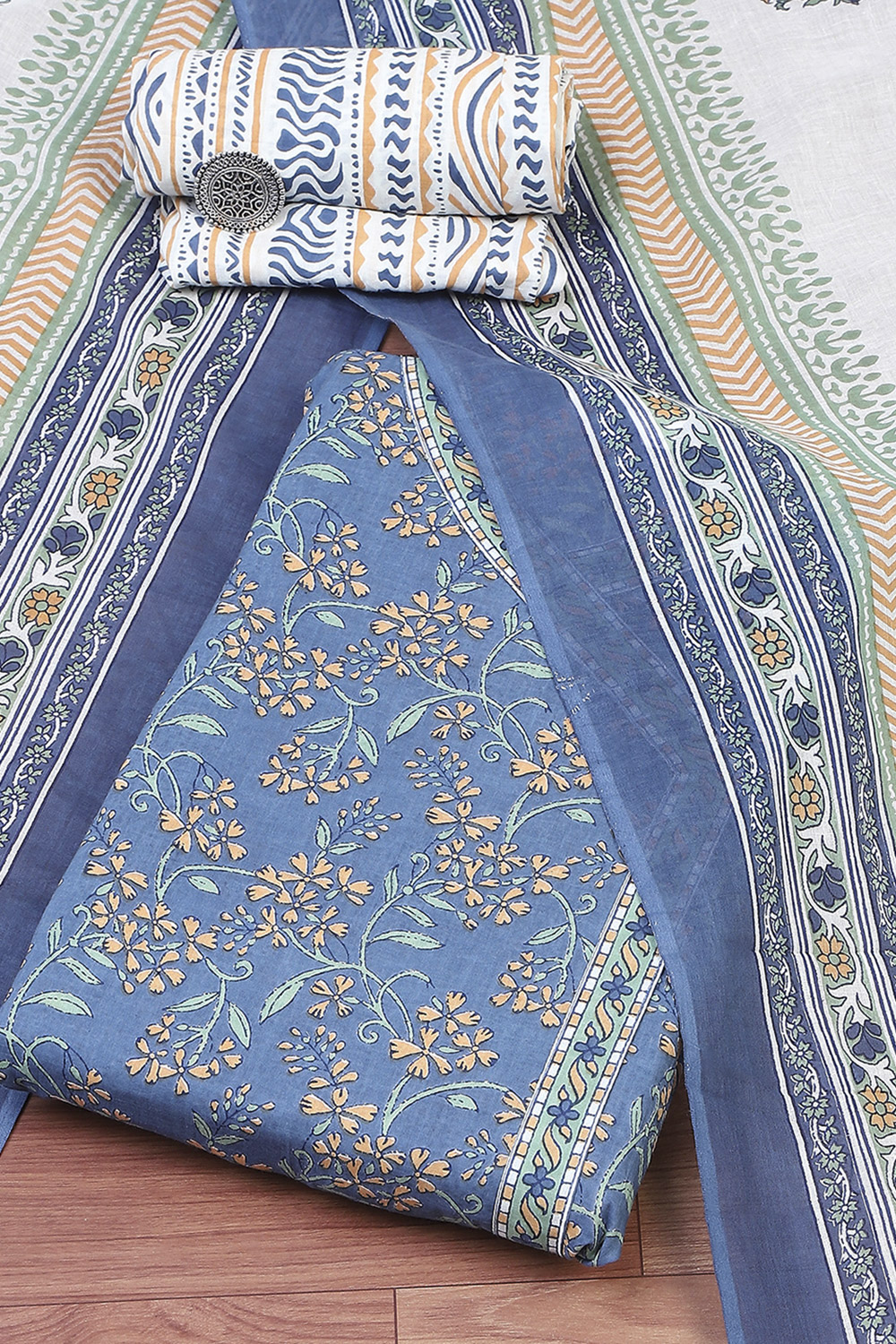 Turquoise Cotton Screen Print Unstitched Suit Set image number 0