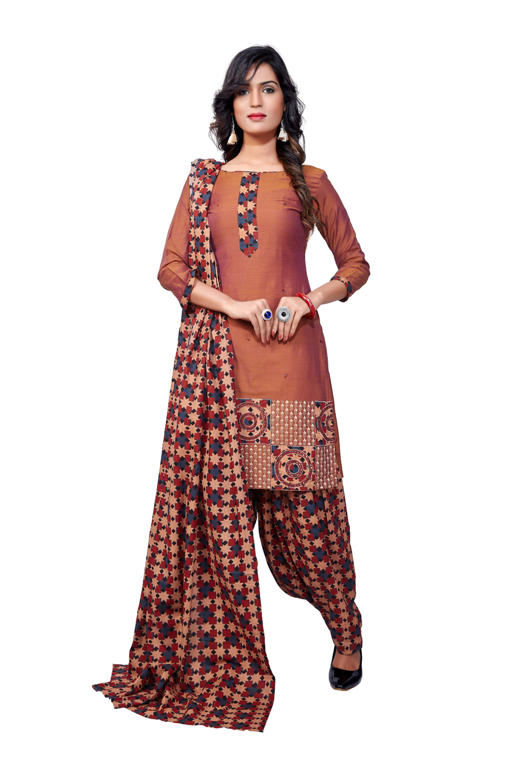 Brown Chanderi Placement Printed Unstitched Suit Set image number 0