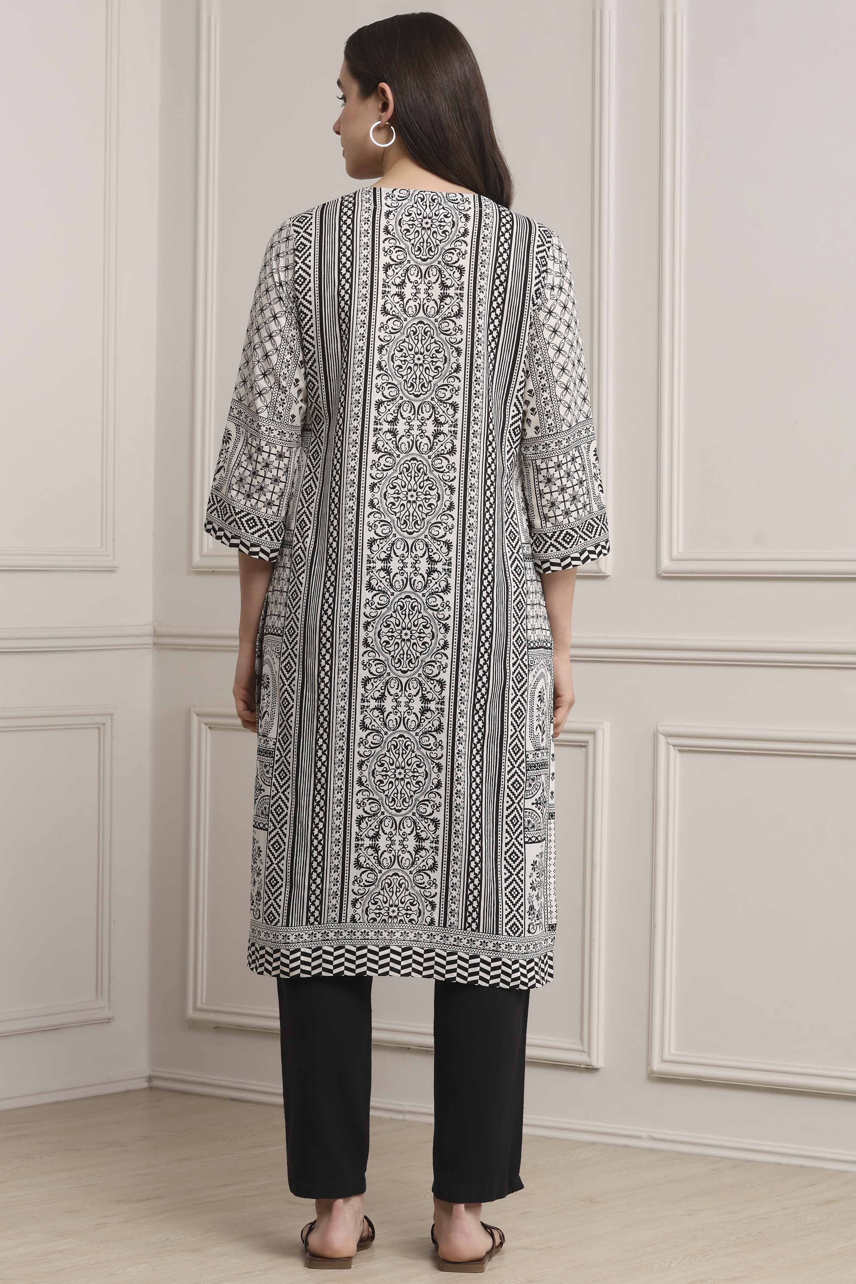 White Cotton Printed Straight Kurta image number 4