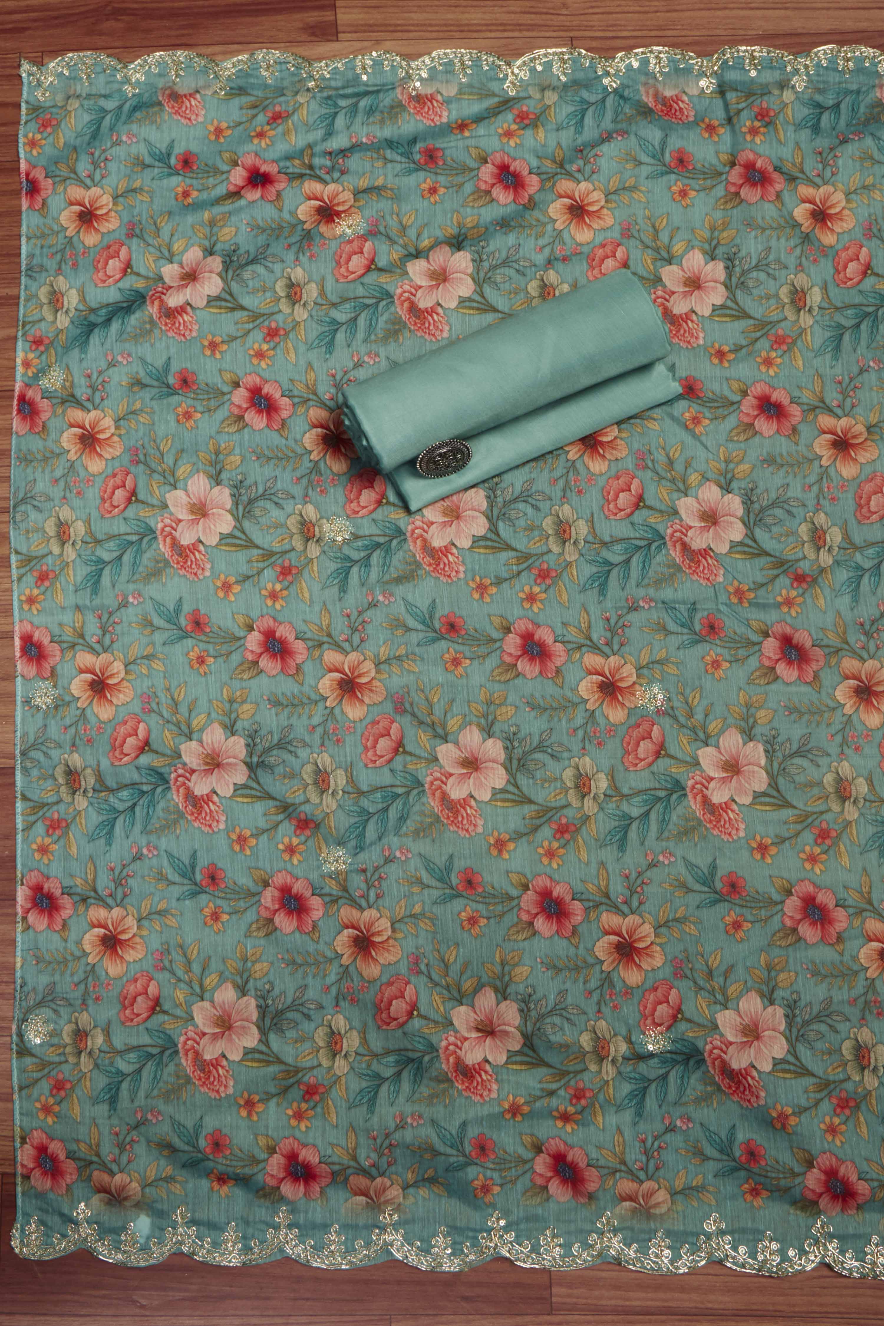 Teal Cotton Printed Embroidered Unstitched Suit Set image number 3
