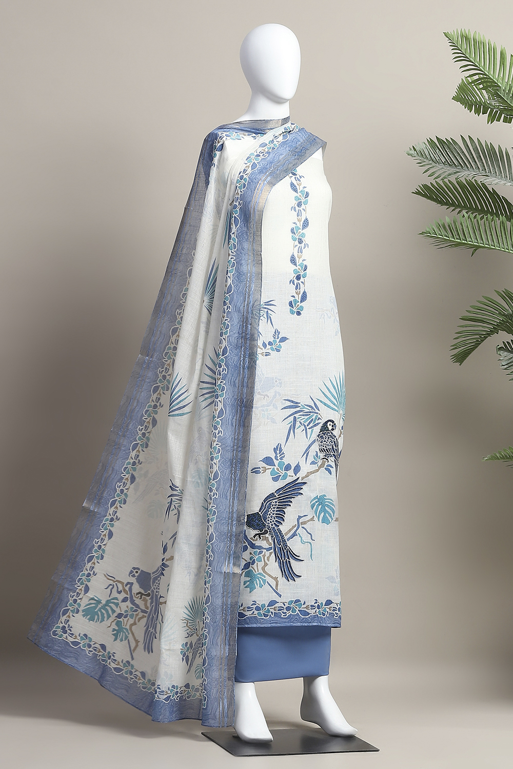 Blue Linen Unstitched Suit Set image number 4