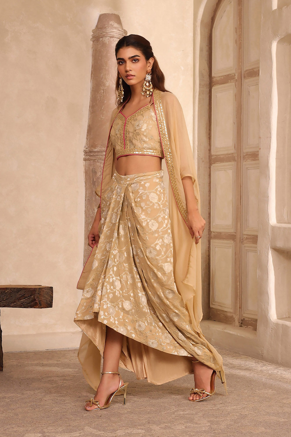 Beige Pure Georgette Jacquard Fusion Skirt Set image number 2