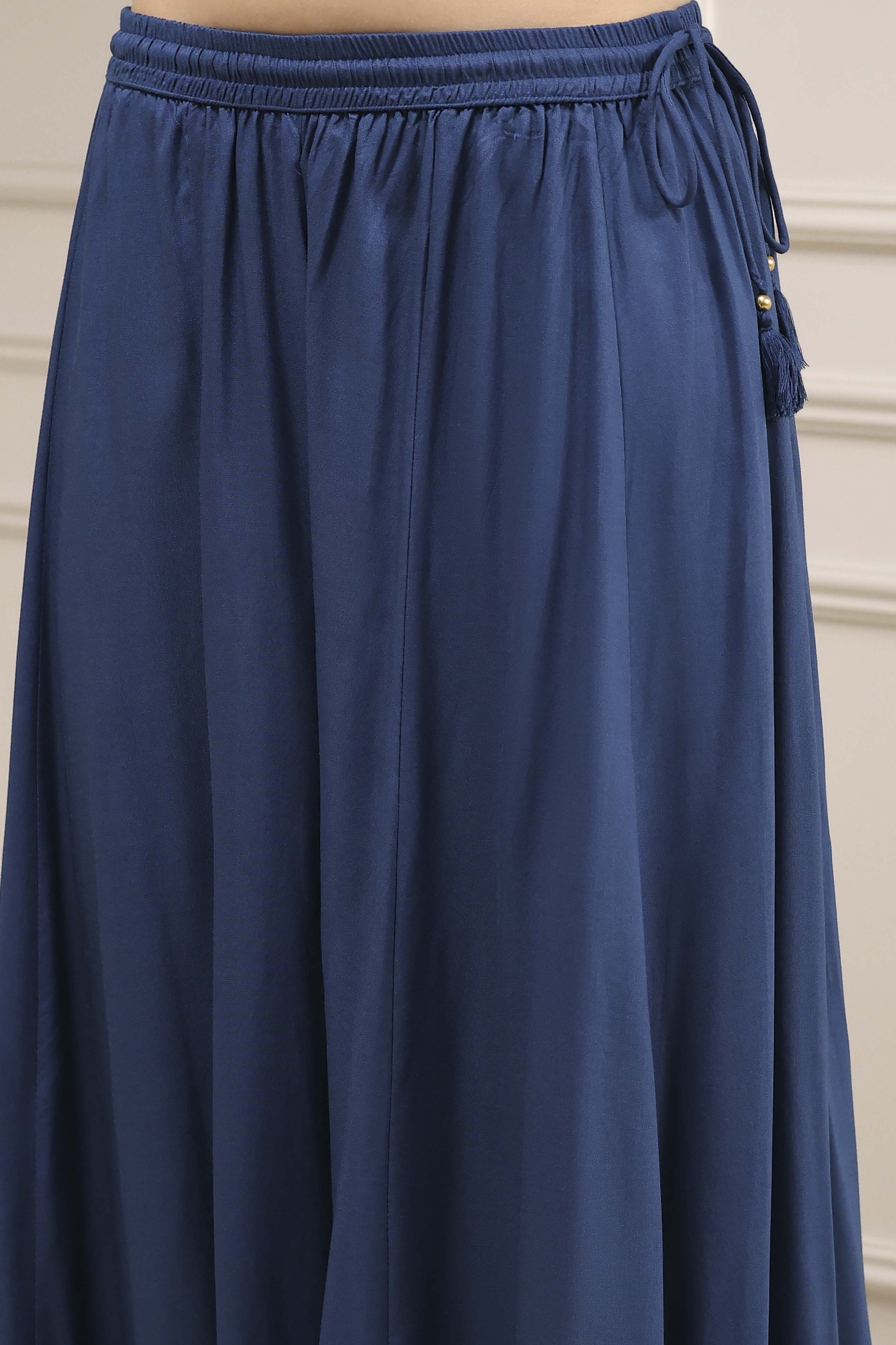 Navy Blue Embroidered Straight Suit Set image number 2