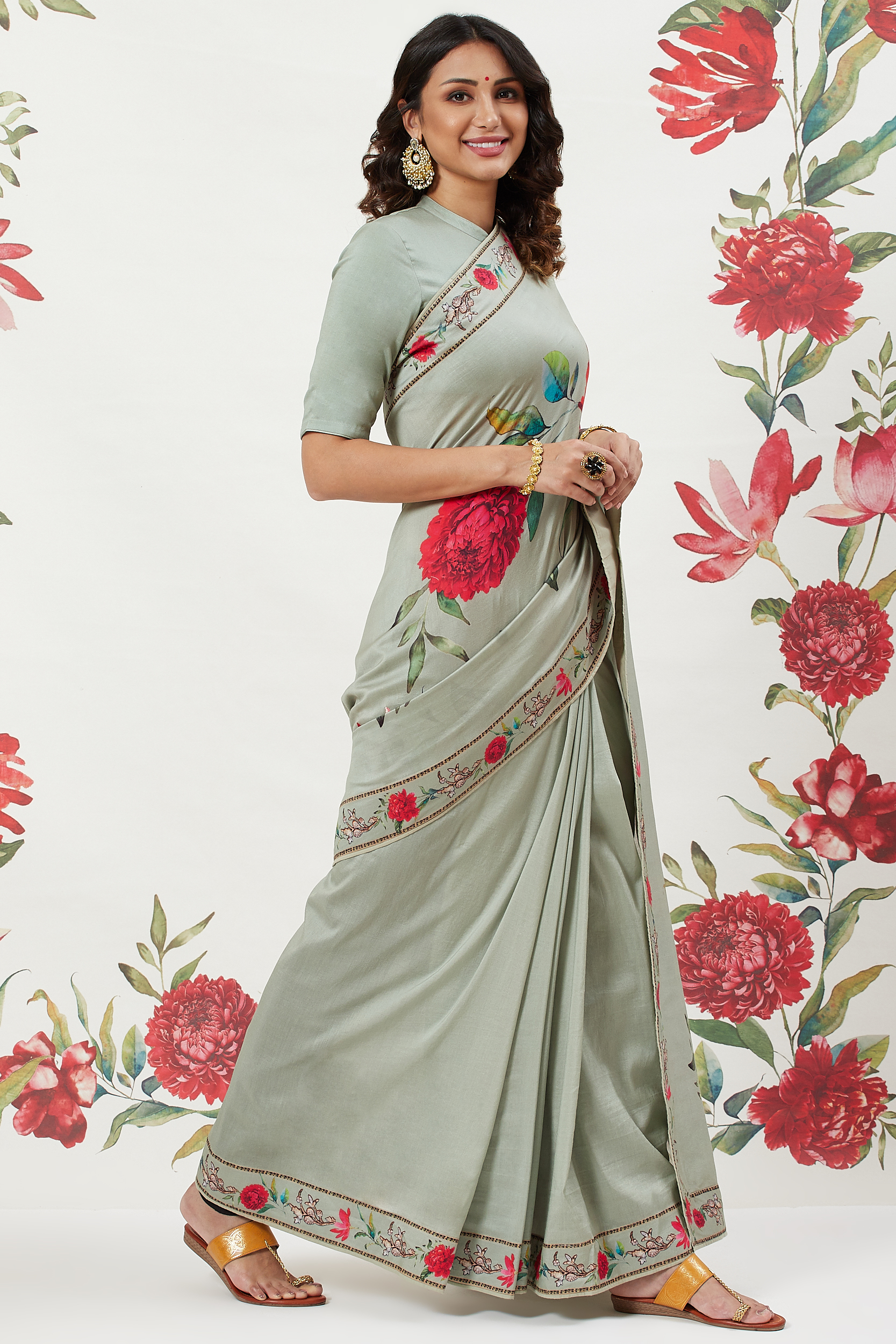 Green Chanderi Silk Printed Saree With Blouse image number 3