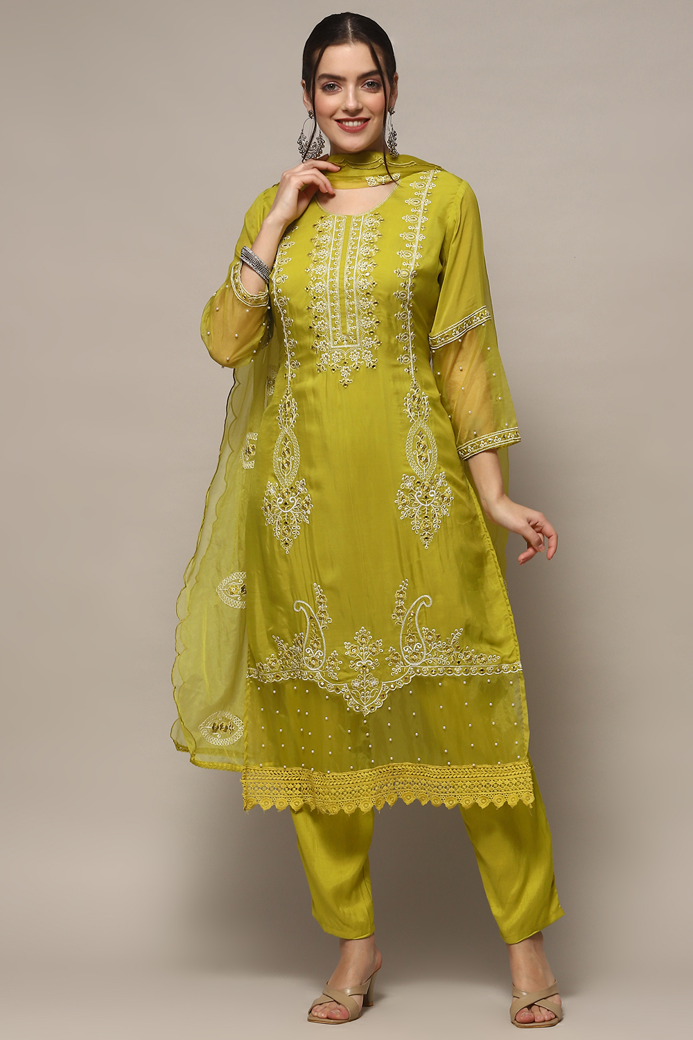 Lime Organza Unstitched Suit set image number 1