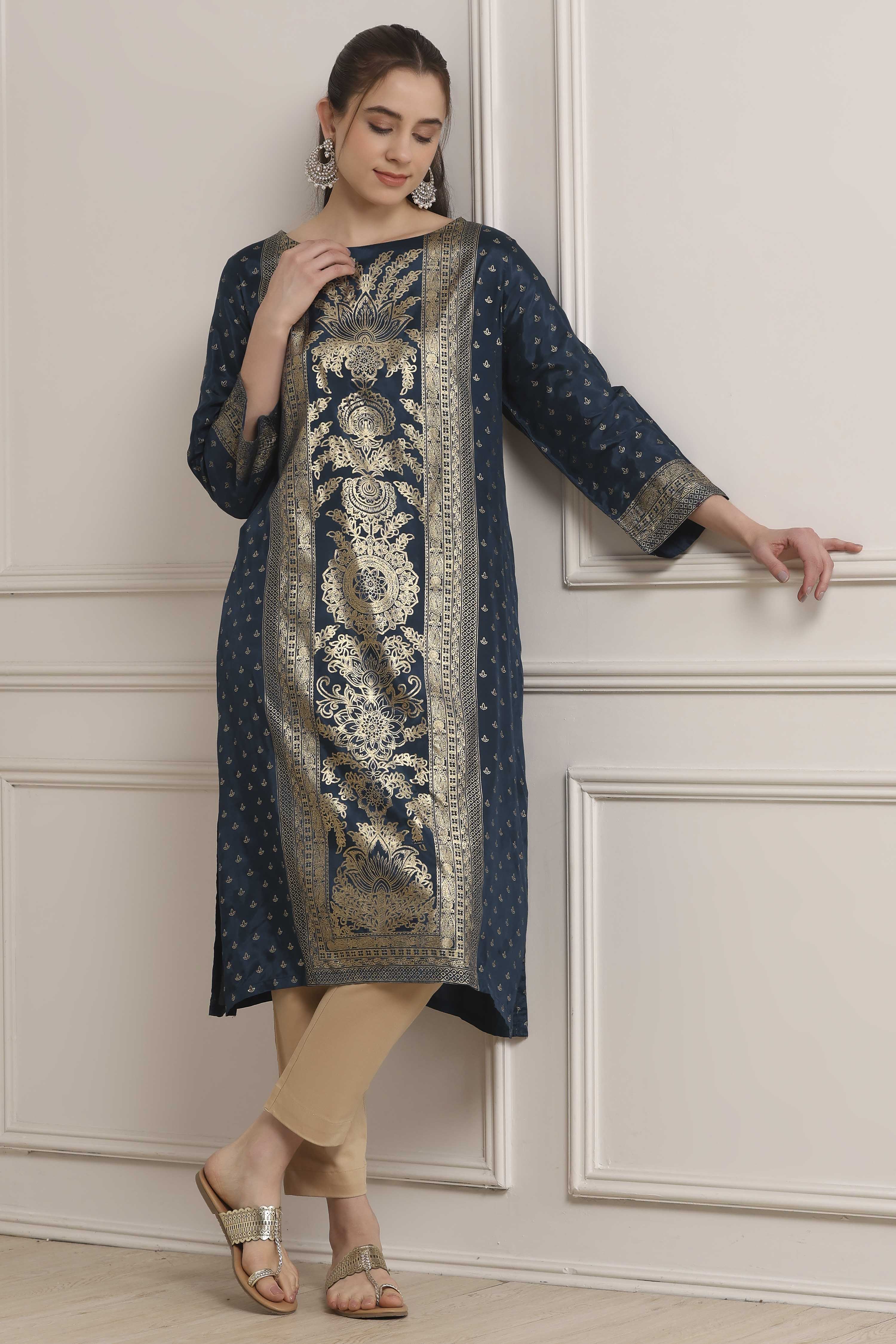 Indigo Viscose Rayon A-Line Kurta Pants Set image number 0