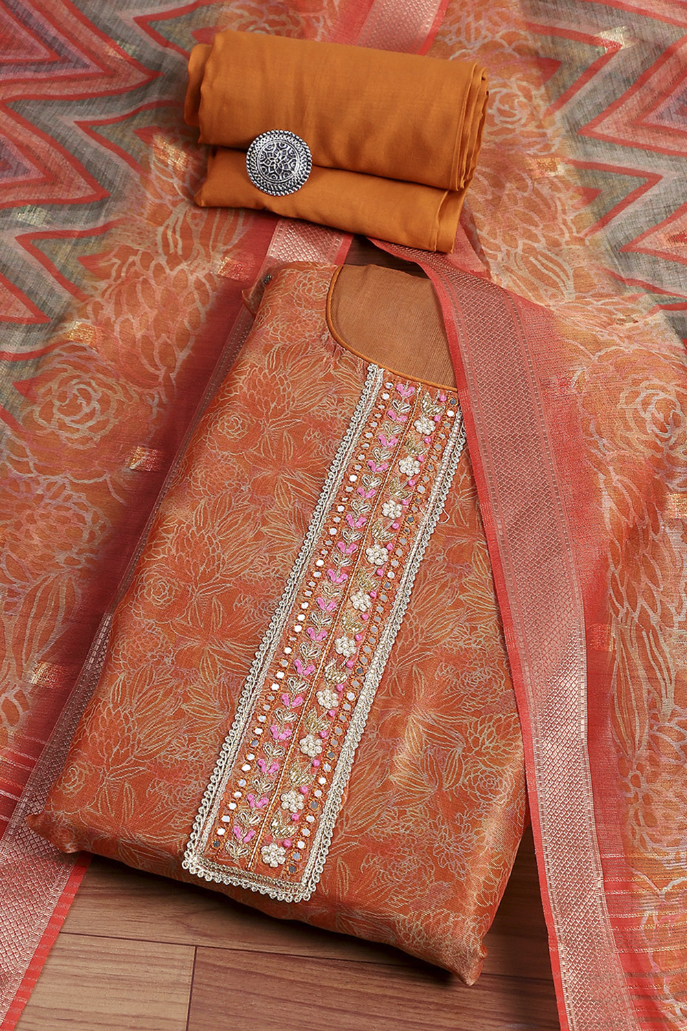 Orange Cotton Printed Embroidered Unstitched Suit Set image number 0