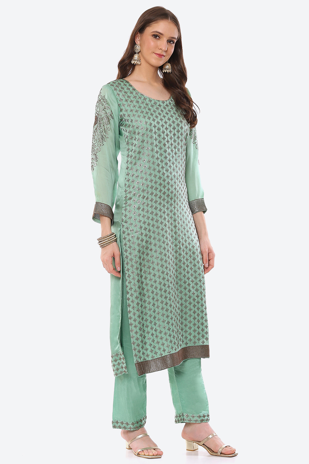 Green Organza Satin Unstitched Suit Set image number 5