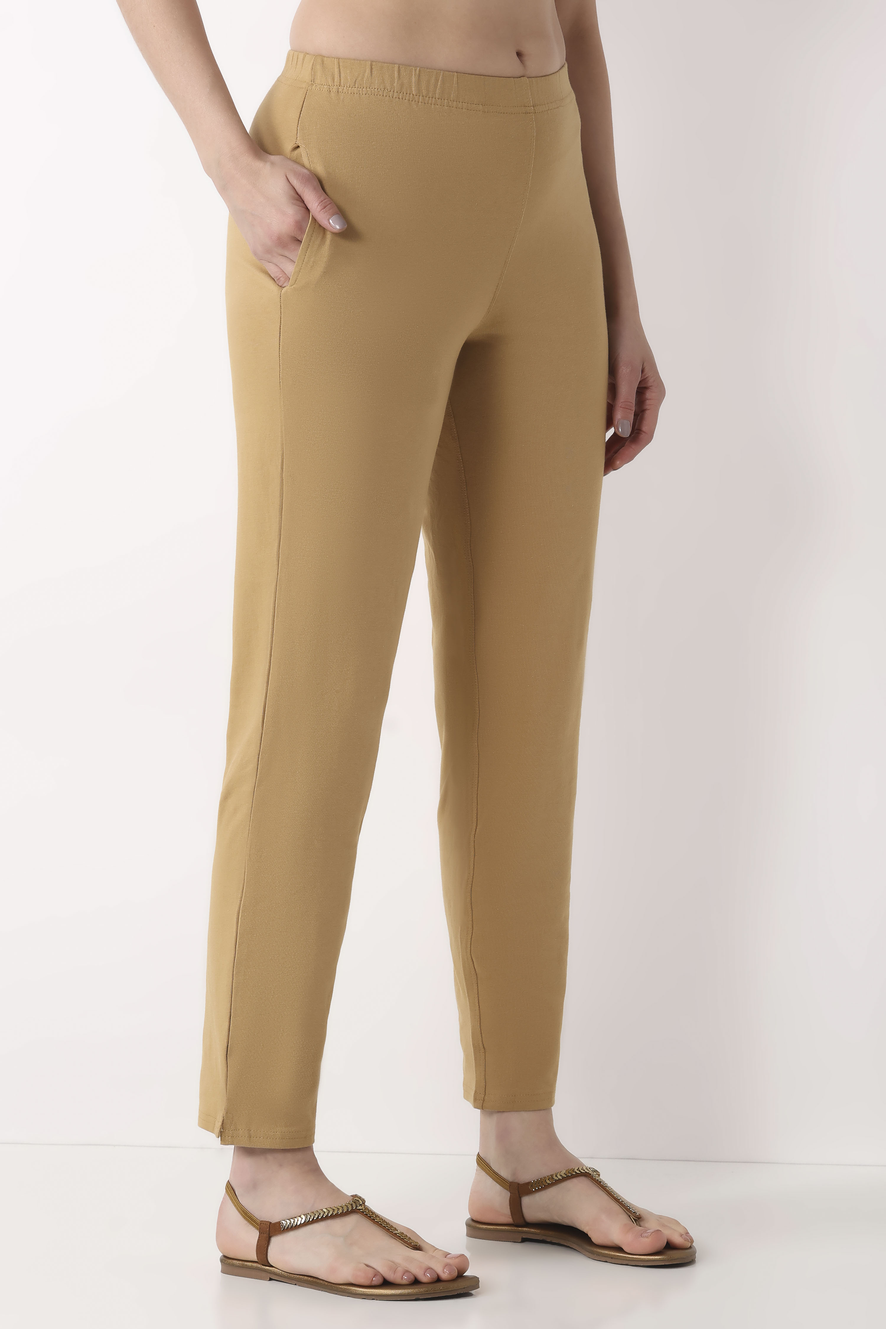 Navy Blue Solid Cotton Lycra Straight Pants image number 3