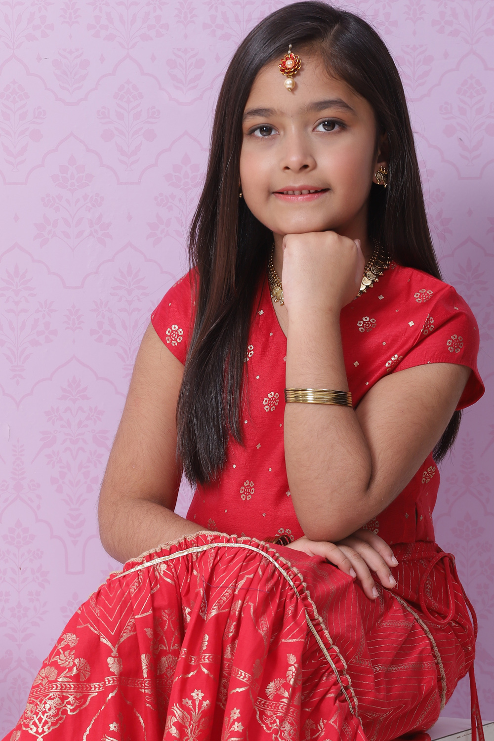 Red Art Silk Printed Short Top Lehenga Set image number 2