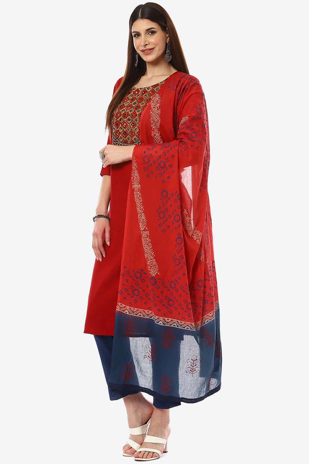 Red Cotton Blend Unstitched Suit Set image number 0