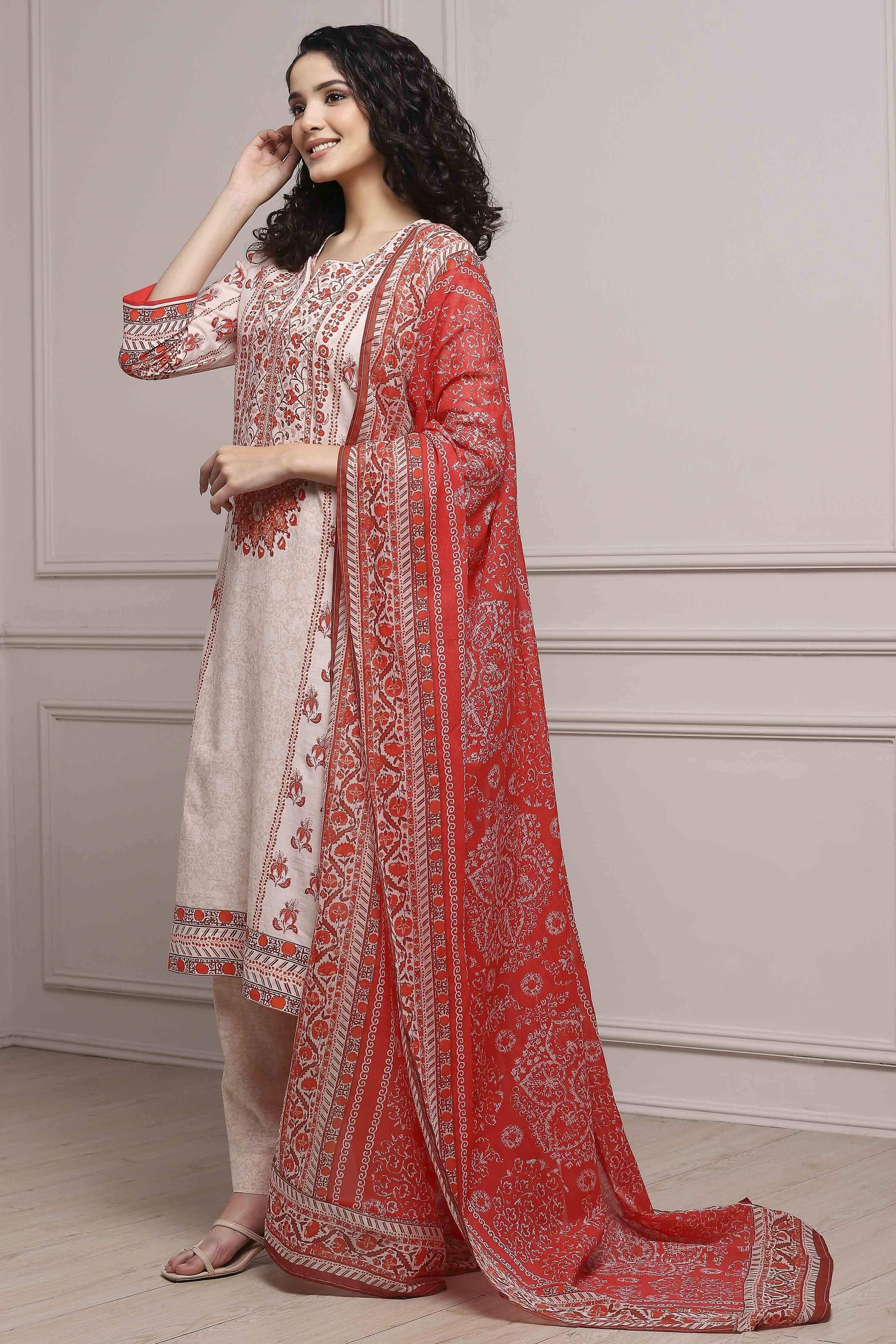 White and Blue Cotton Printed Straight Suit Set image number 3