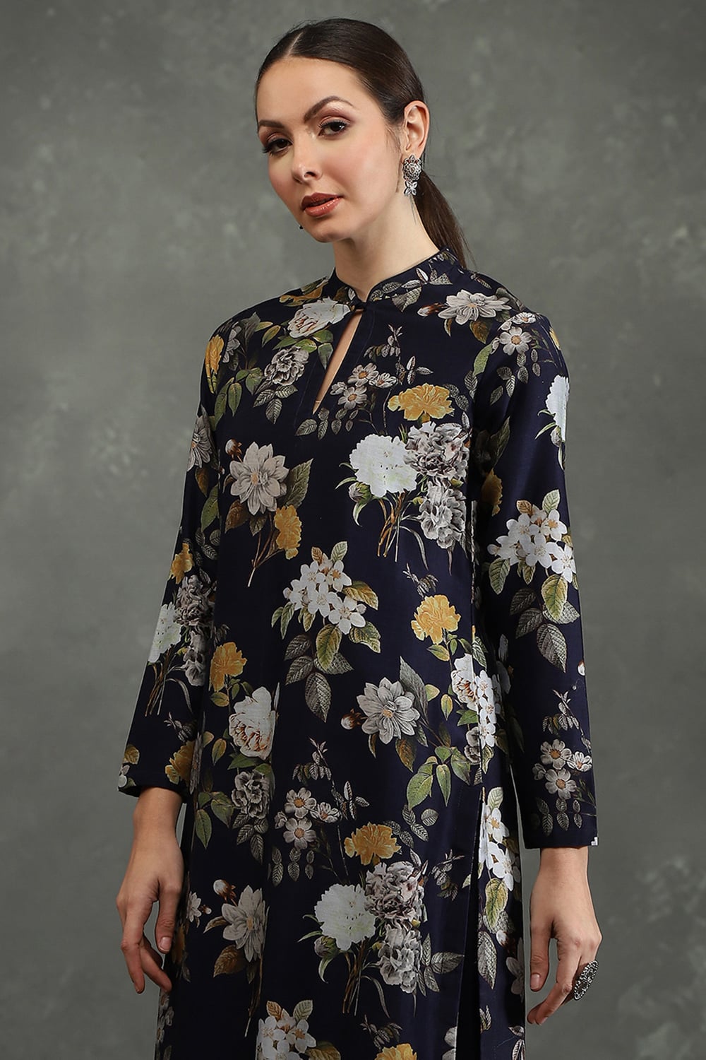 Indigo Silk Chanderi Floral Printed Straight Kurta Set image number 1