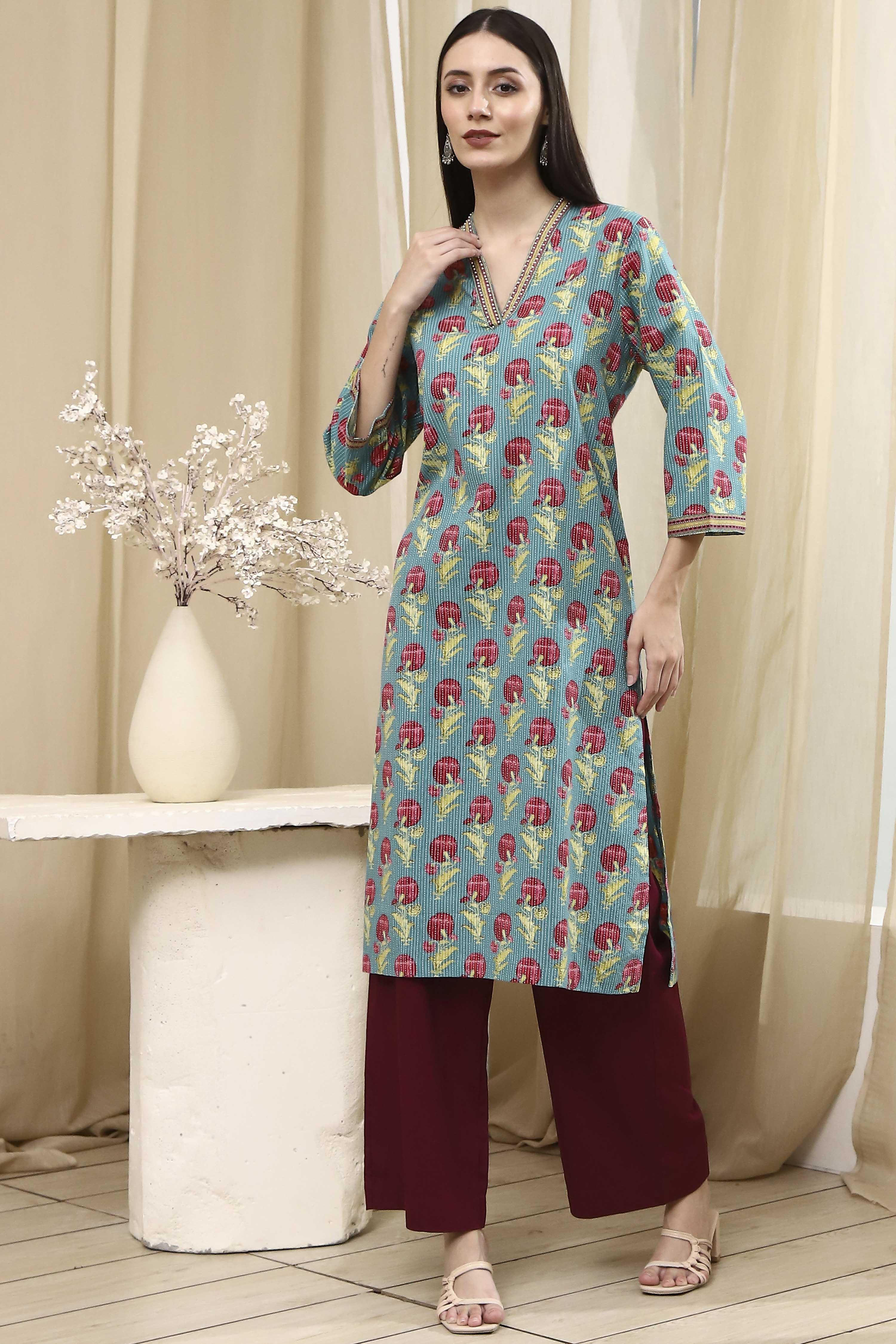 Teal Cotton Printed Straight Kurta image number 5
