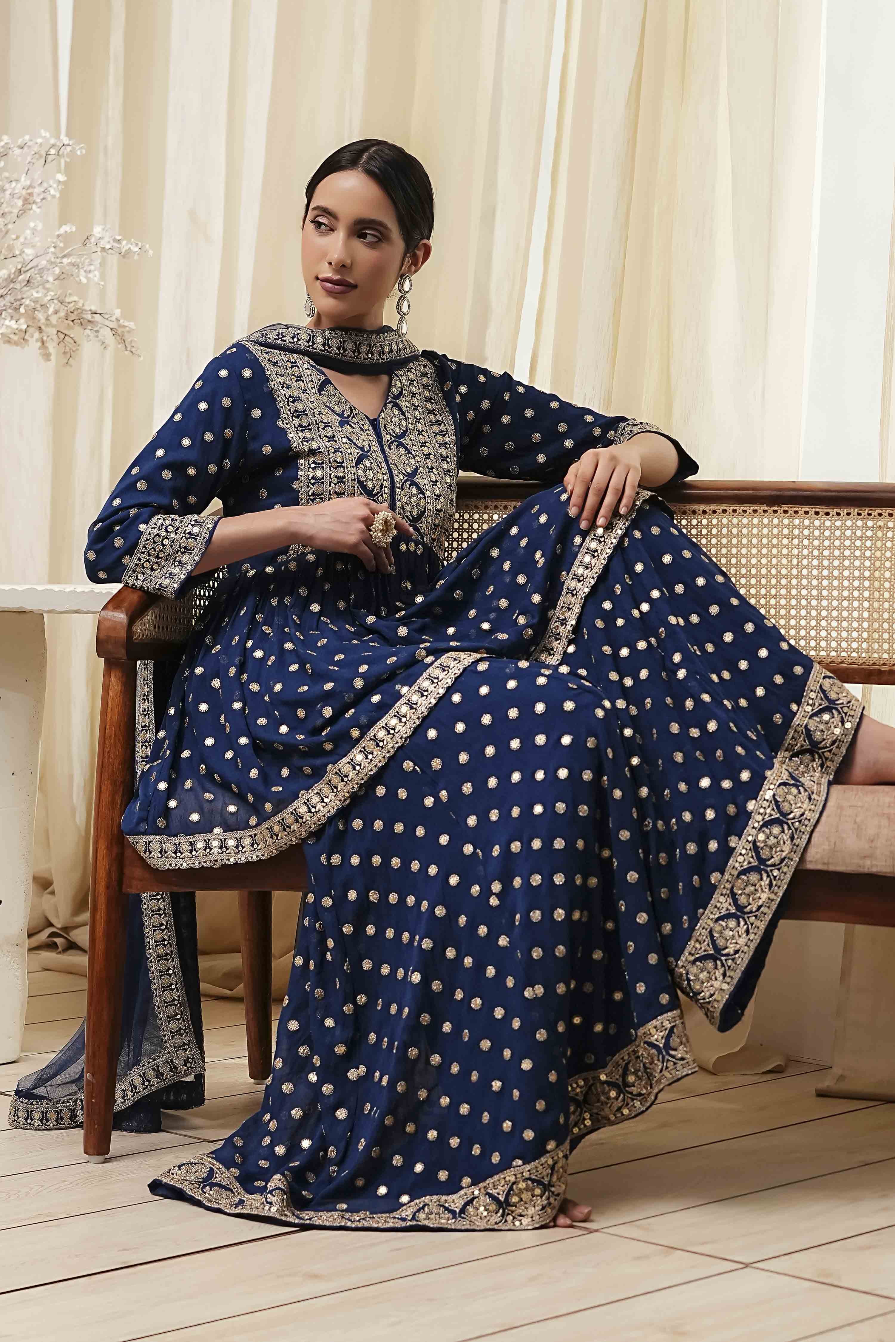 Ivory Georgette Embroidered Peplum Suit Set image number 0