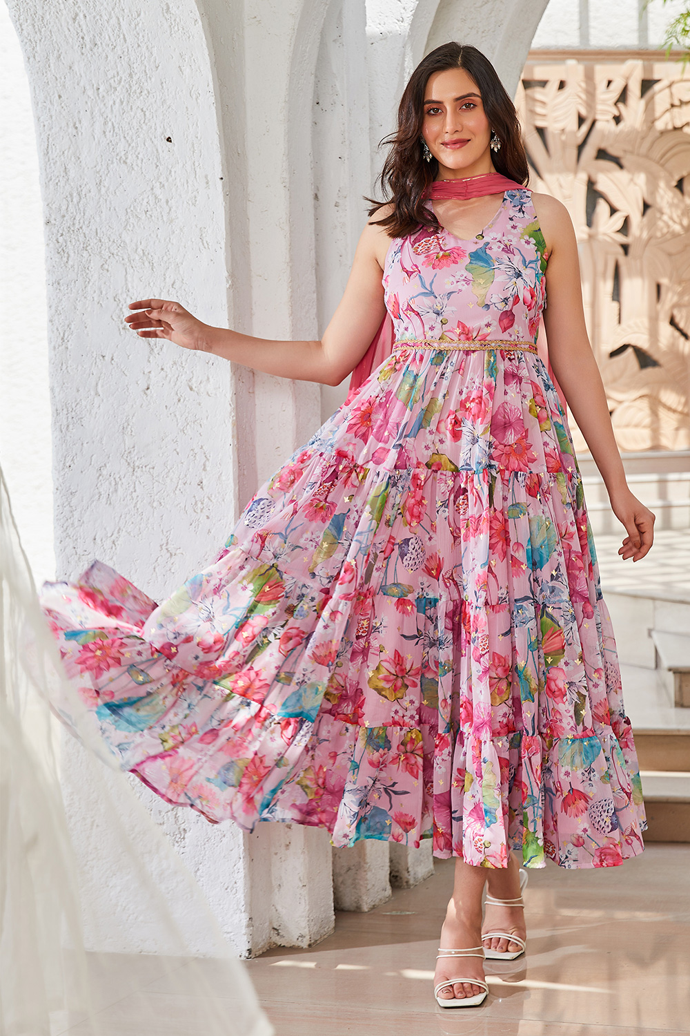 Pink Floral Printed Tiered Anarkali Kurta image number 4
