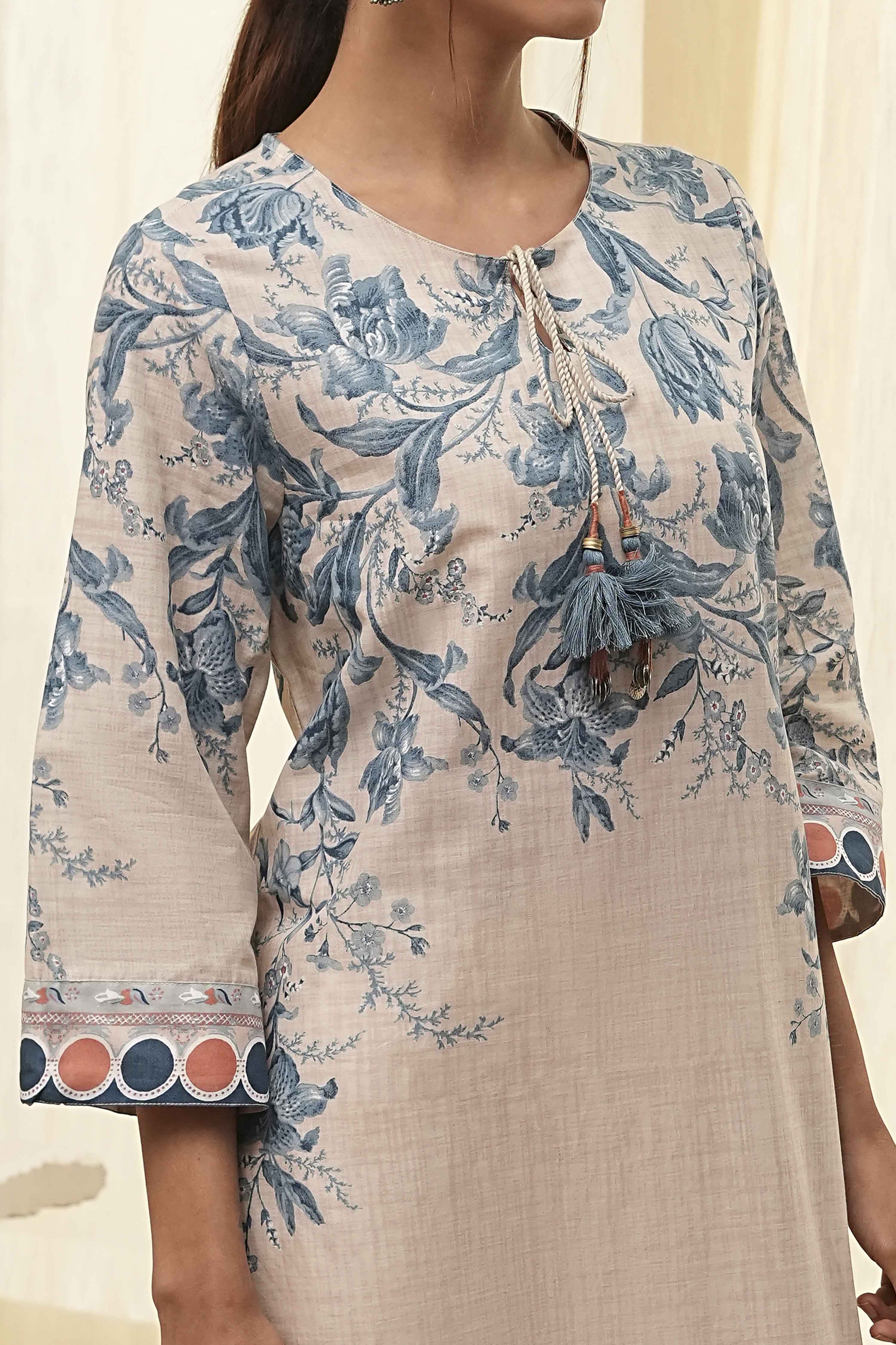 Beige and Blue Cotton Floral Straight Kurta image number 1