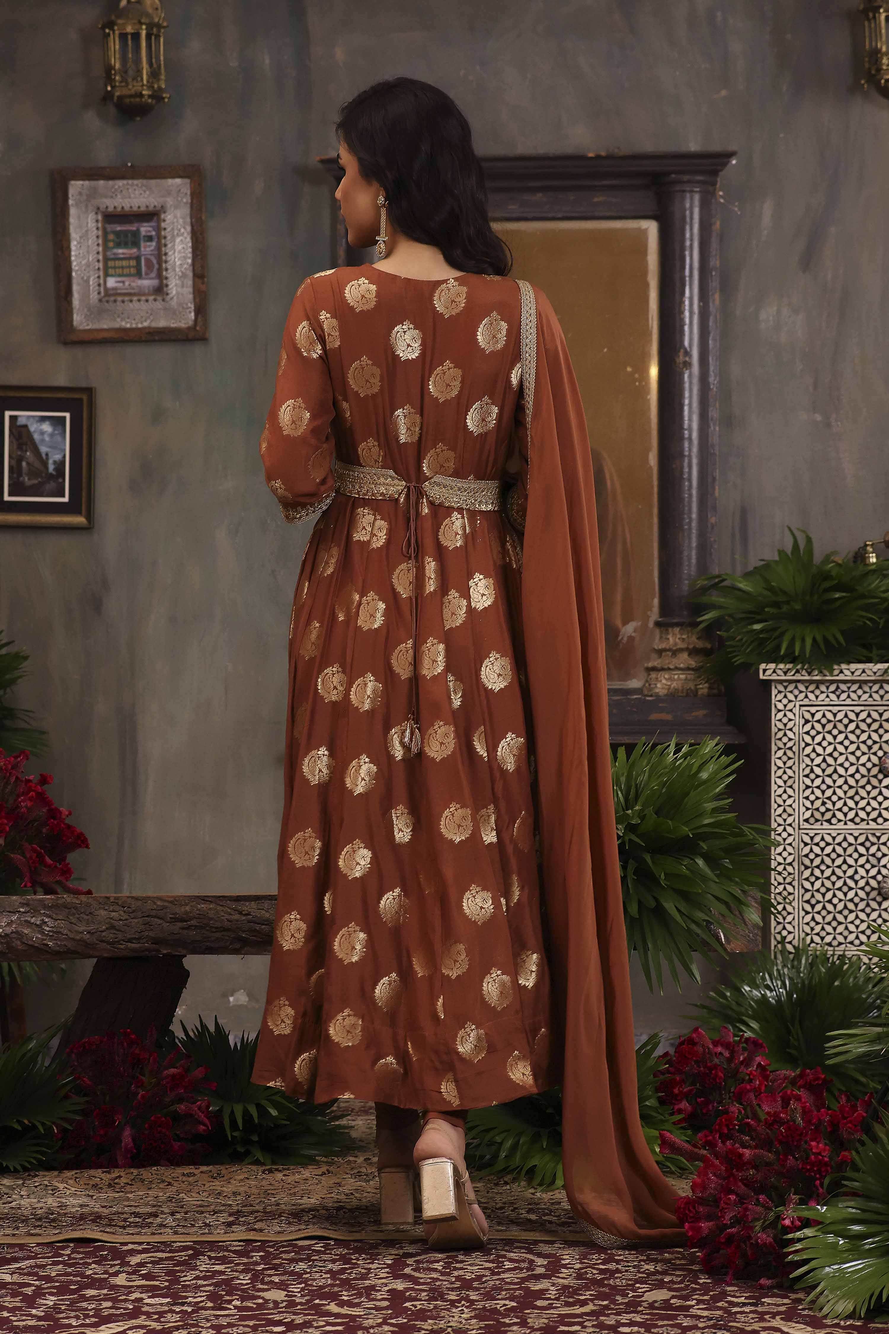 Brown Pure Banarasi Brocade Kalidar Suit Set image number 4