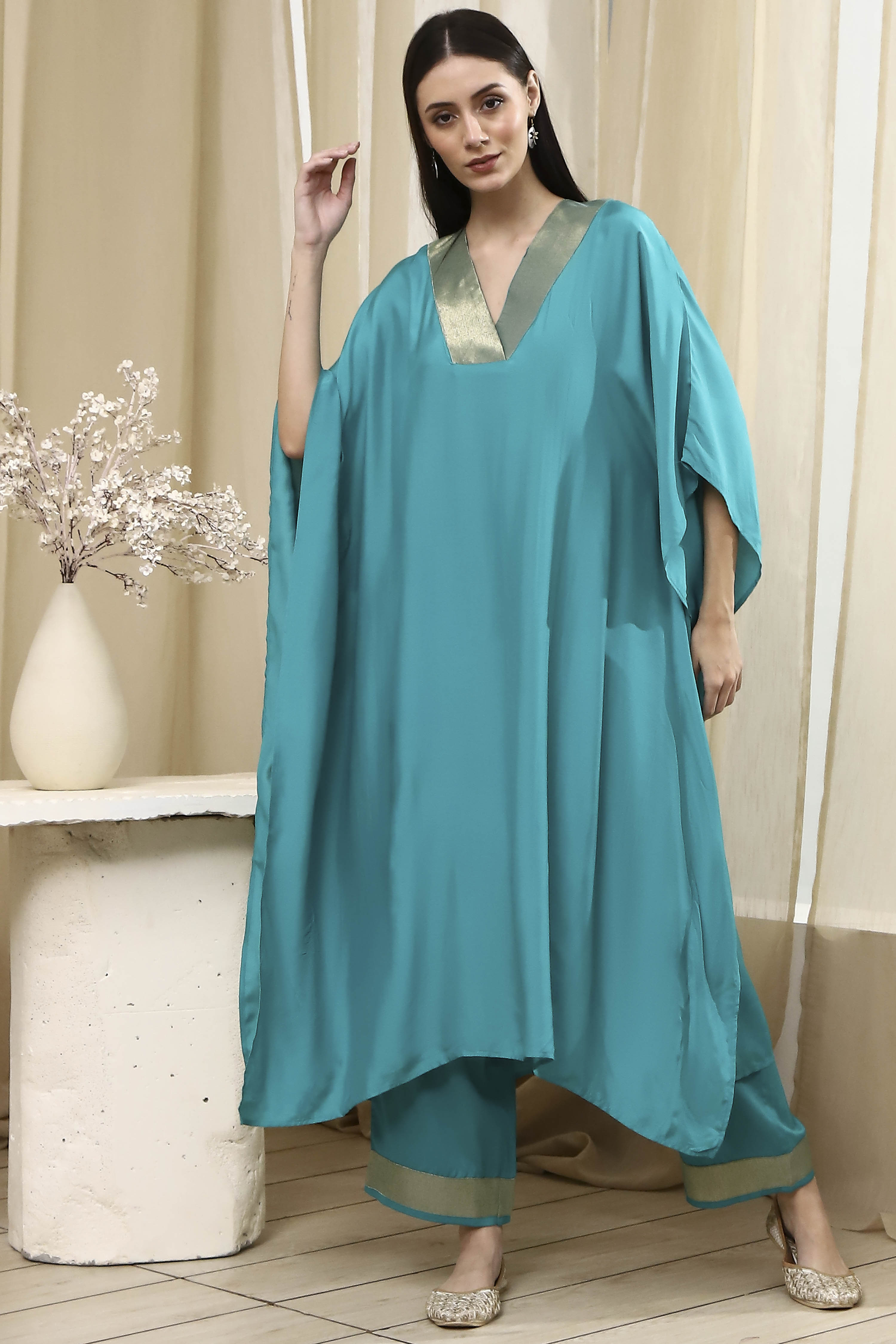 Mauve Solid Kaftan-Style Kurta Set image number 6