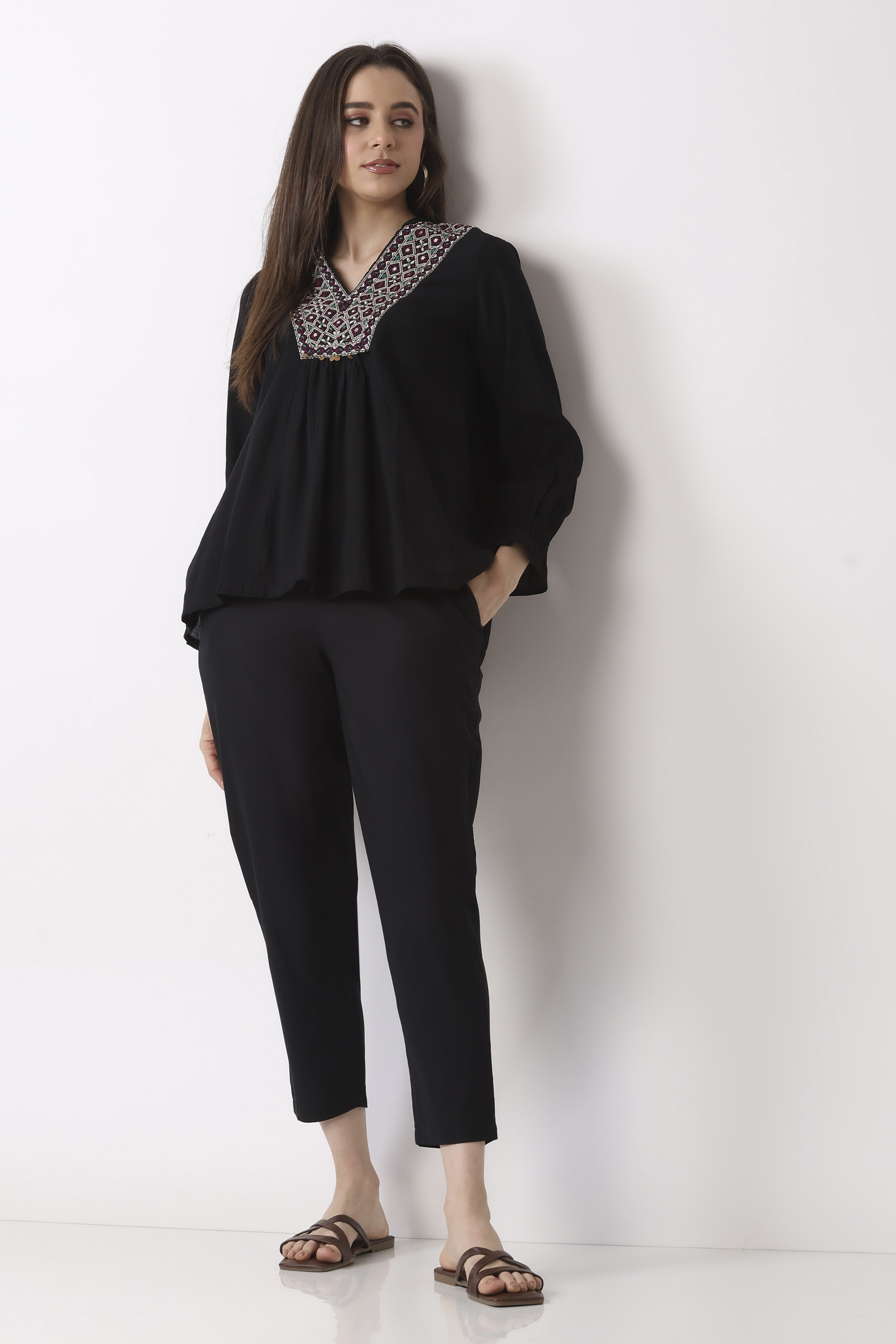 Black Cotton Slim Pants image number 0