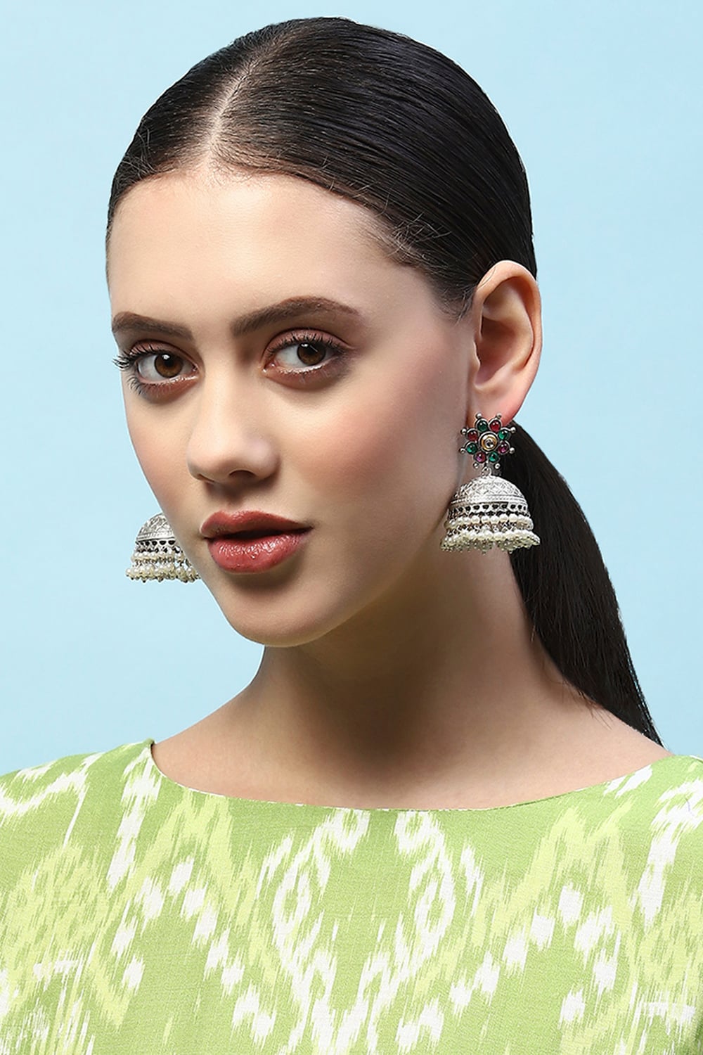 Pink and Green Oxidised Stone Studded Jhumkas image number 1