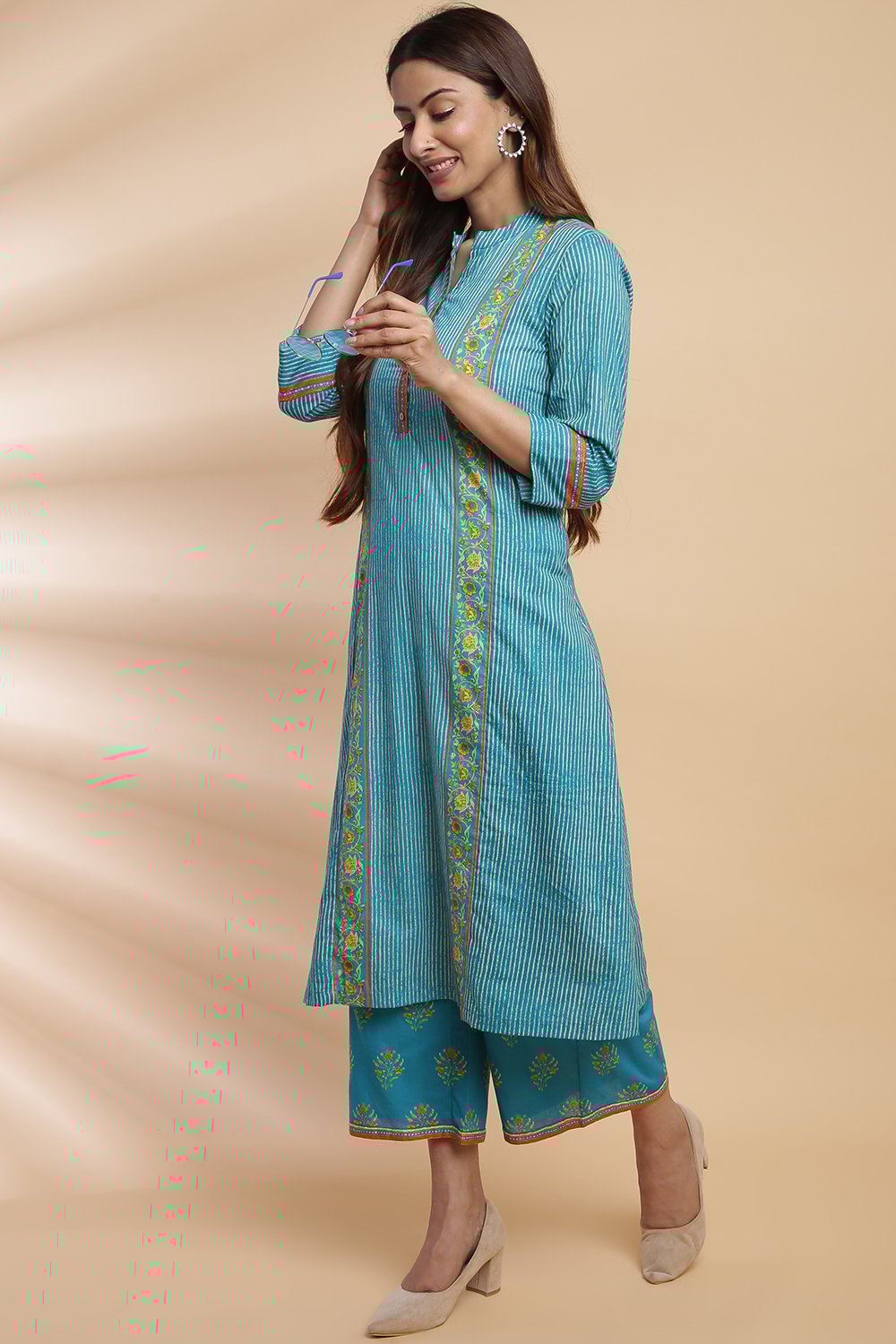 Turquoise Cotton A-Line Kurta Palazzo Suit Set image number 5