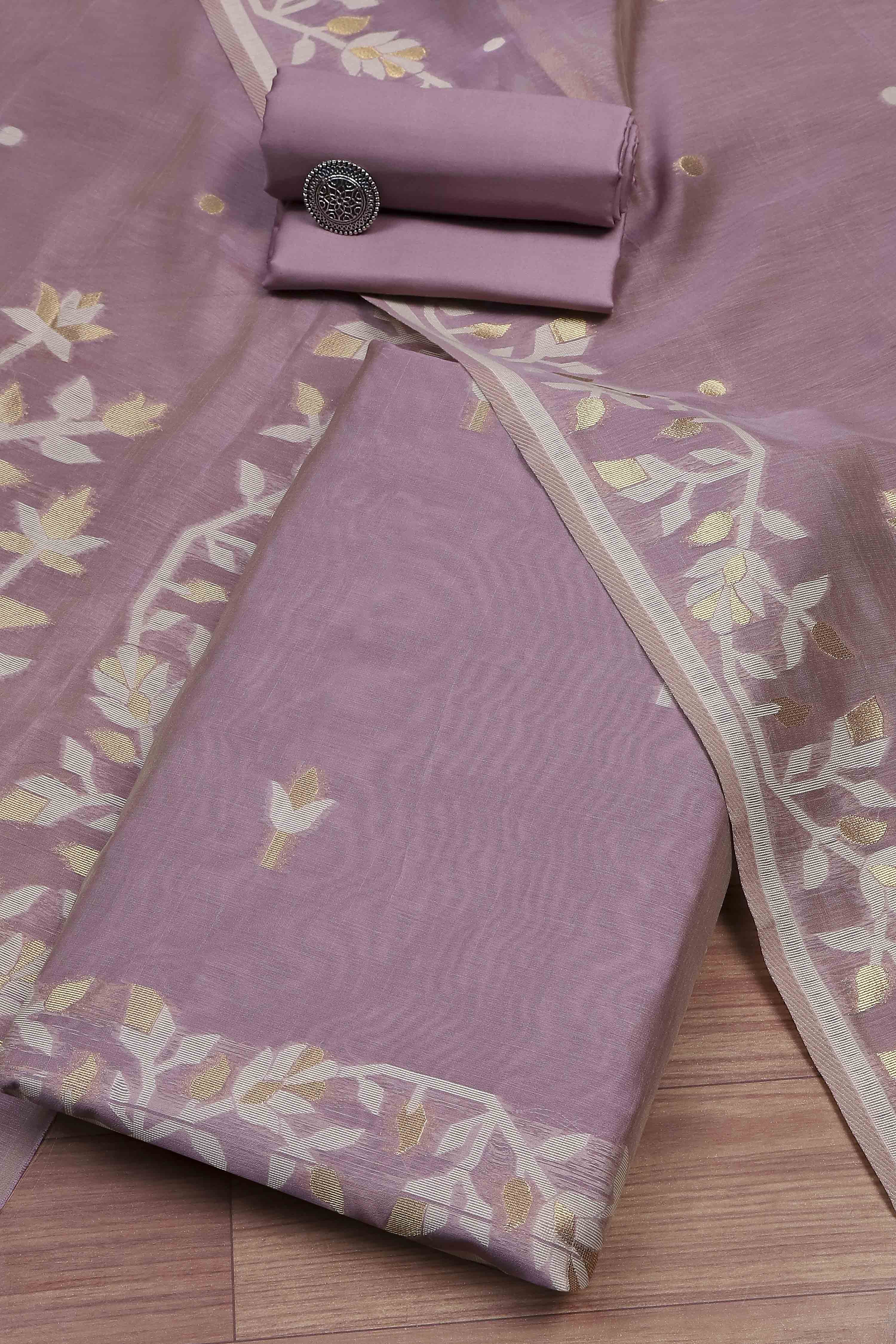 Rust Cotton Jamdani Unstitched Suit Set image number 0