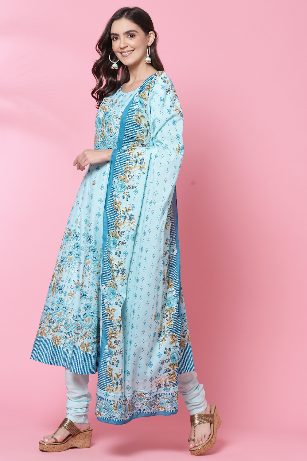 Aqua Blue Cotton Anarkali Kurta Churidar Suit Set image number 5