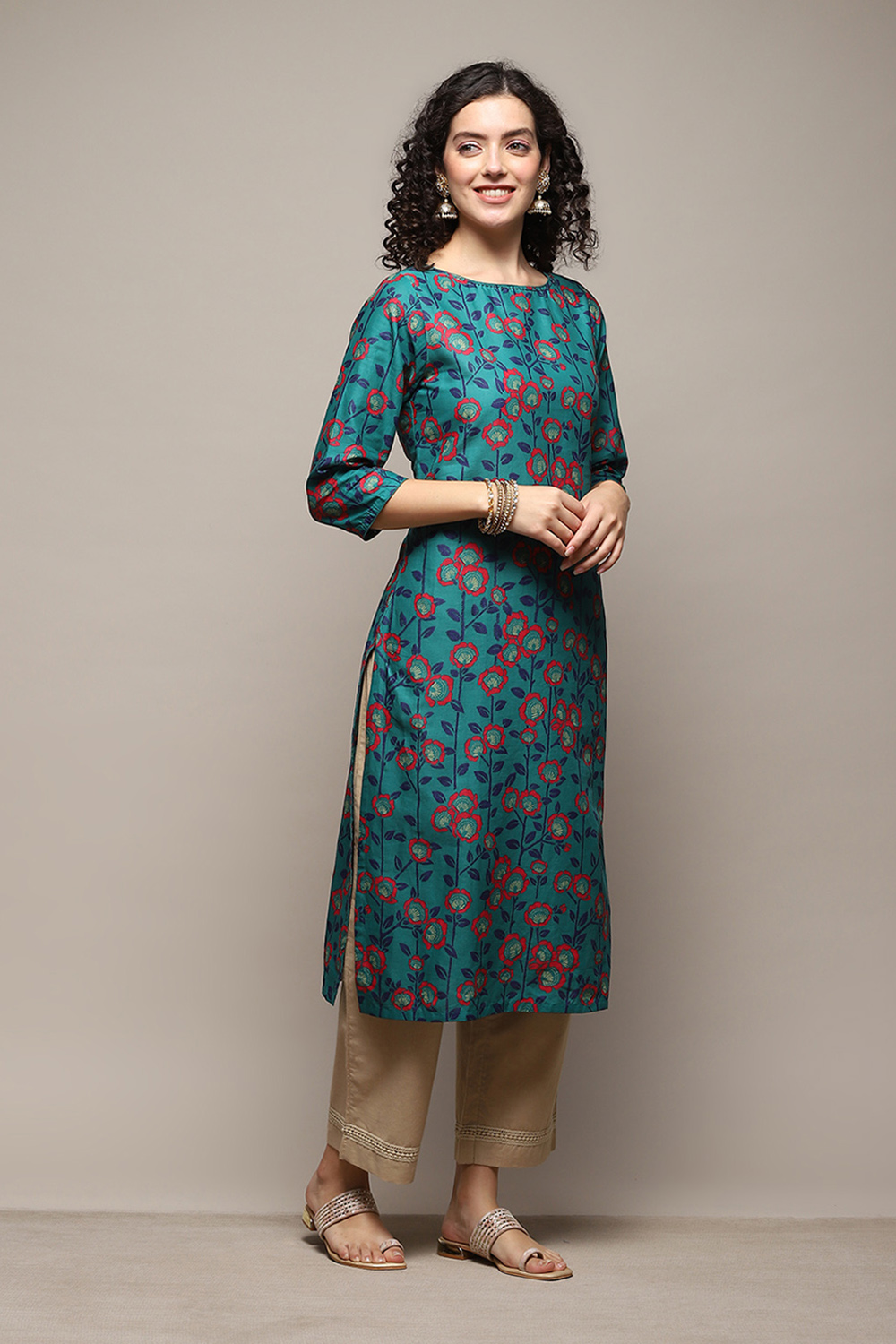 Fuchsia Cotton Straight Printed Kurta image number 4