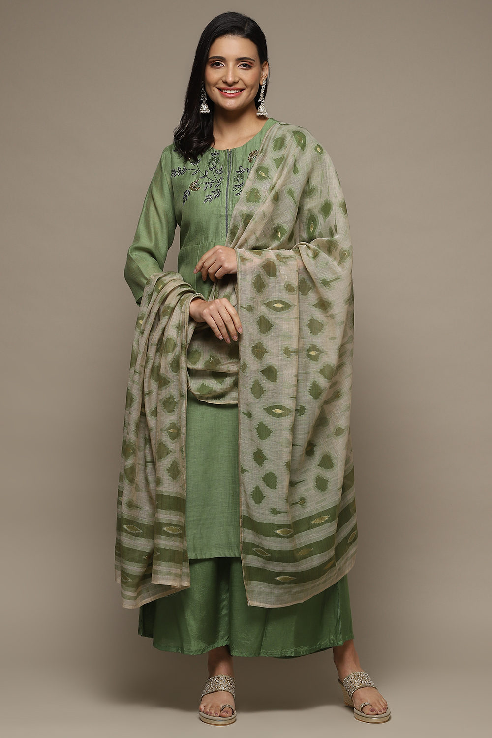 Green Cotton Machine Embroidered Unstitched Suit Set image number 8